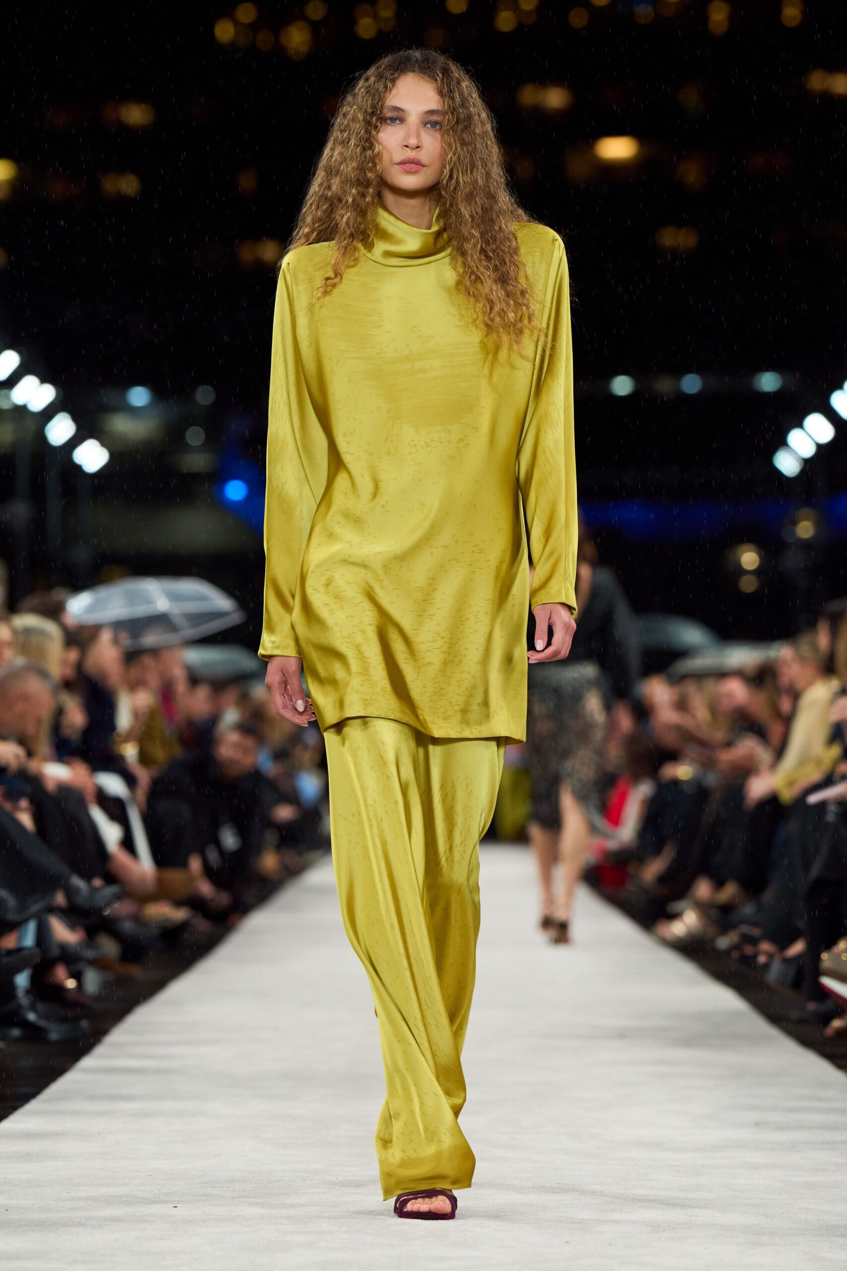 yellow satin long-sleeve high-neck relaxed shiny top
