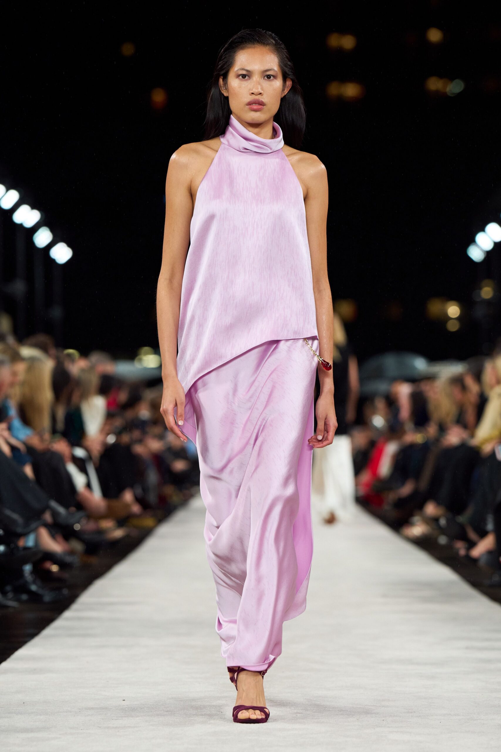 pink silk sleeveless high-neck relaxed draped flowing dress