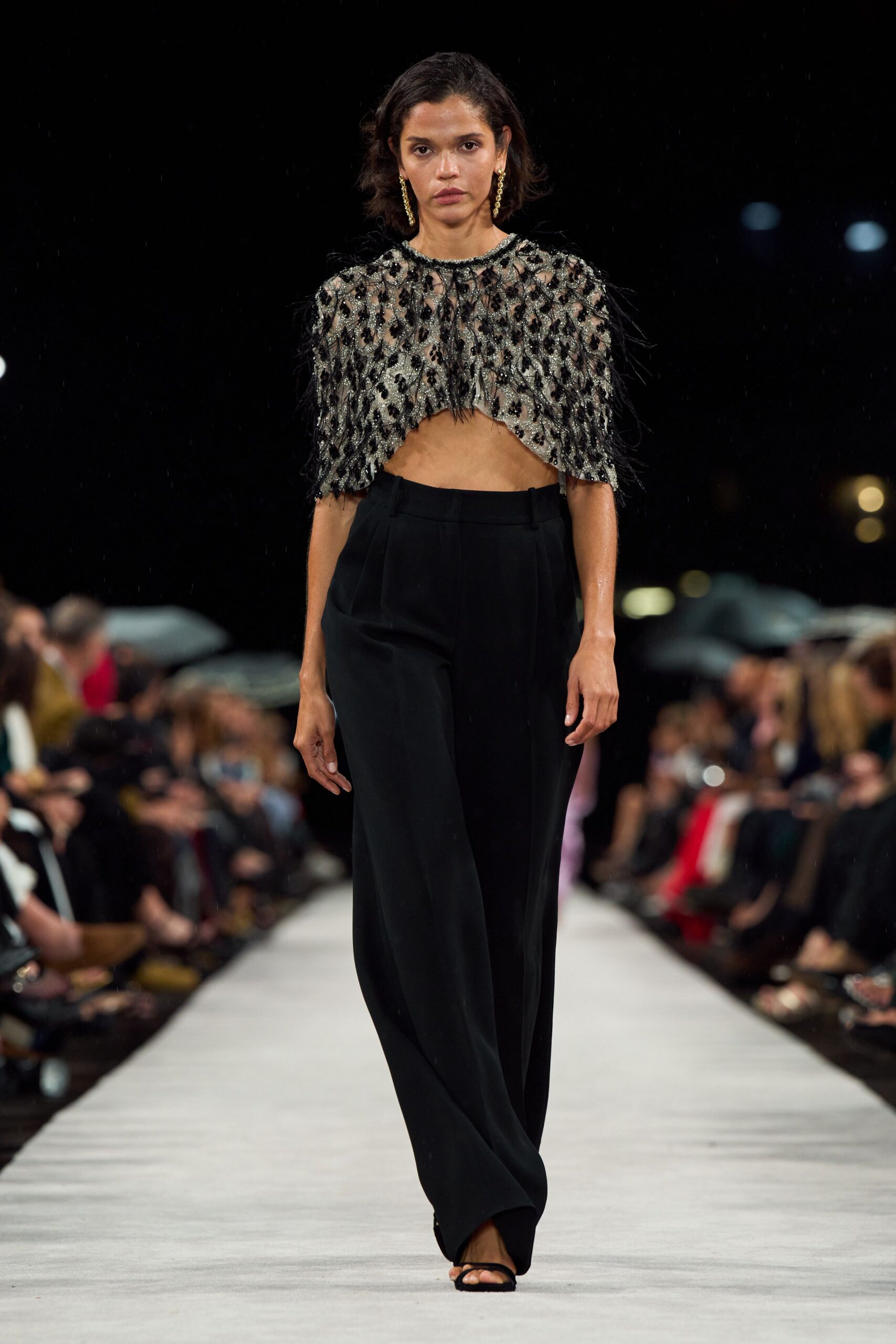 black silk sleeveless high-neck fitted embroidered top