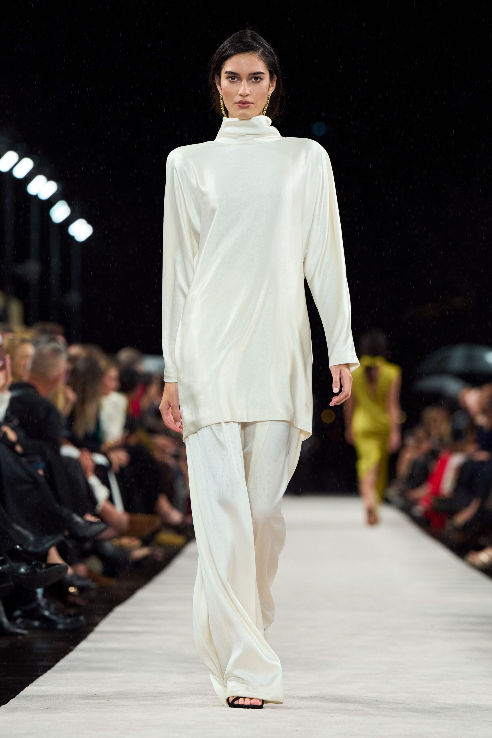 white silk long-sleeve turtleneck relaxed top