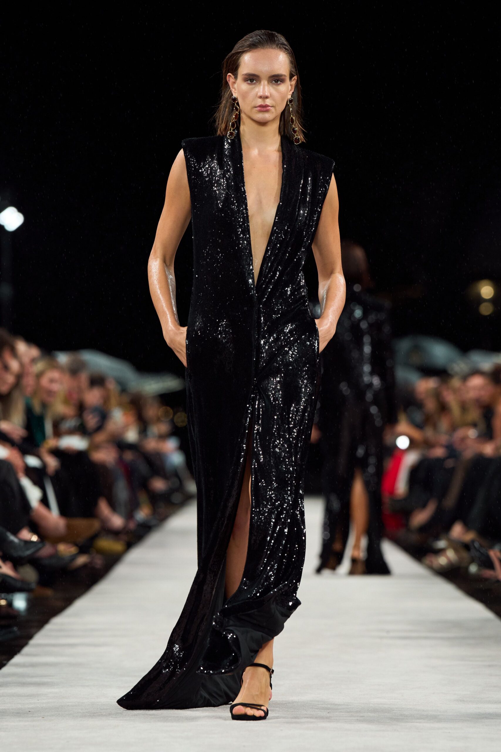 black velvet sleeveless v-neck fitted sequined draped gown