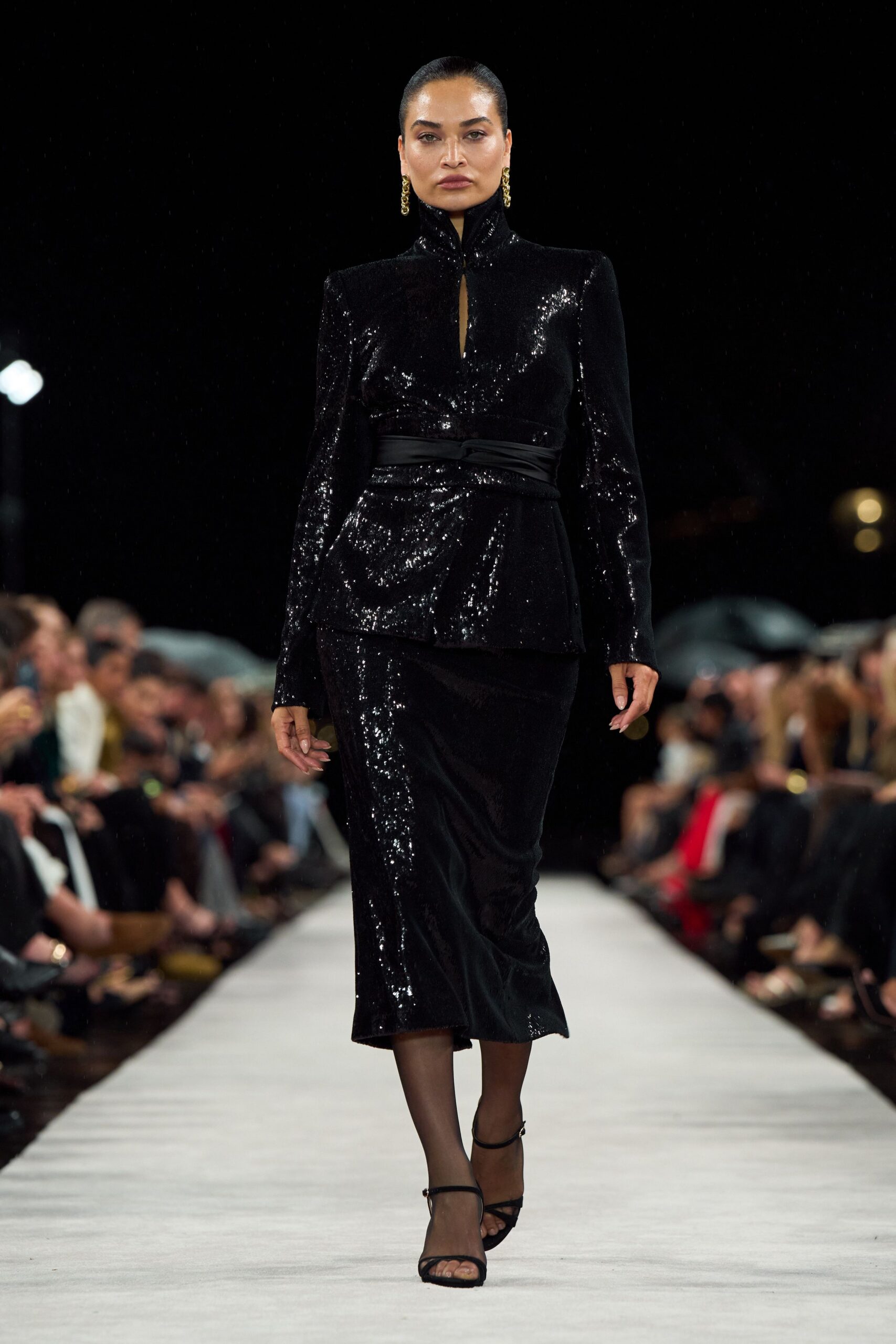 black velvet long-sleeve high-neck fitted zippered sequined blazer