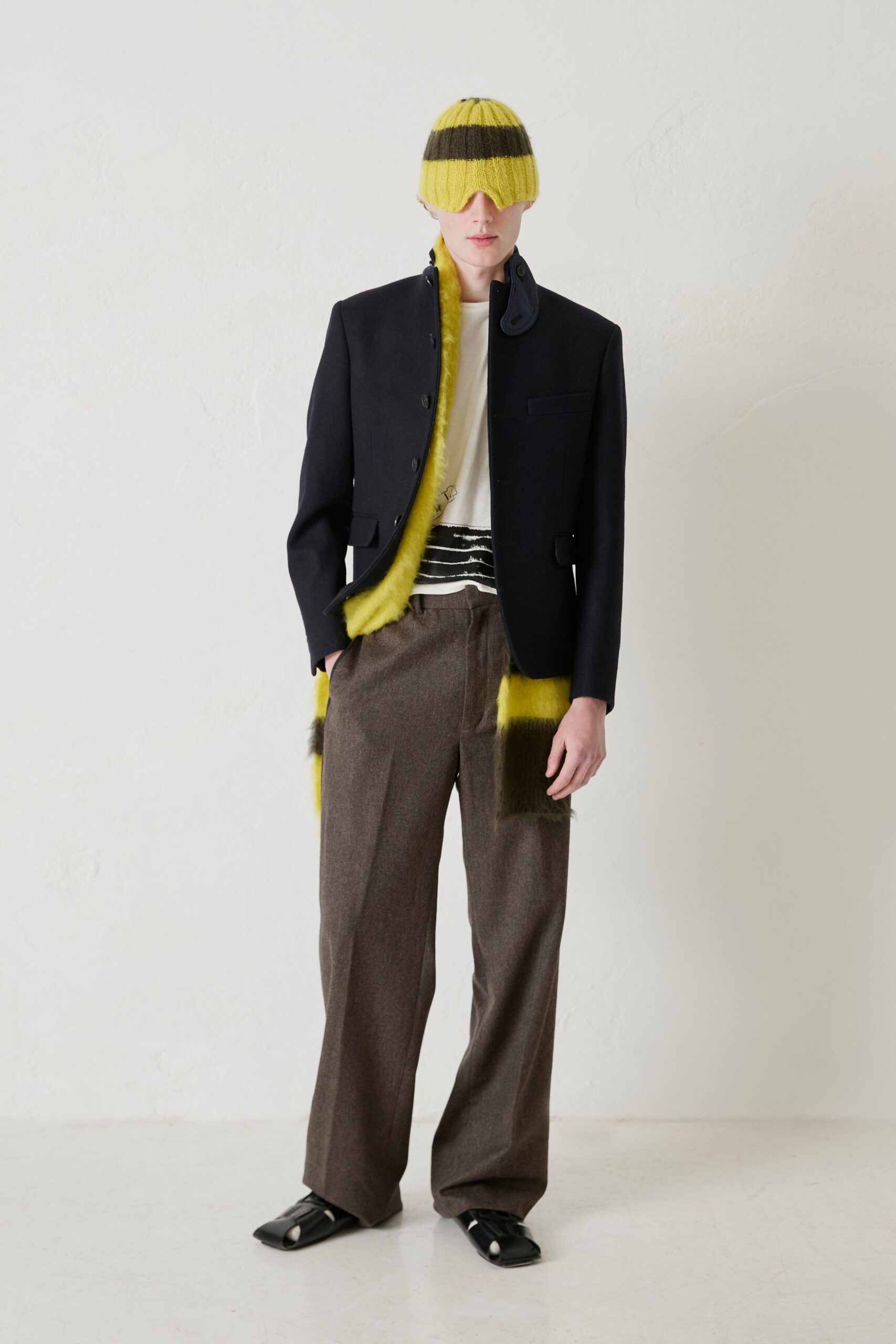 black blazer white t-shirt brown pants