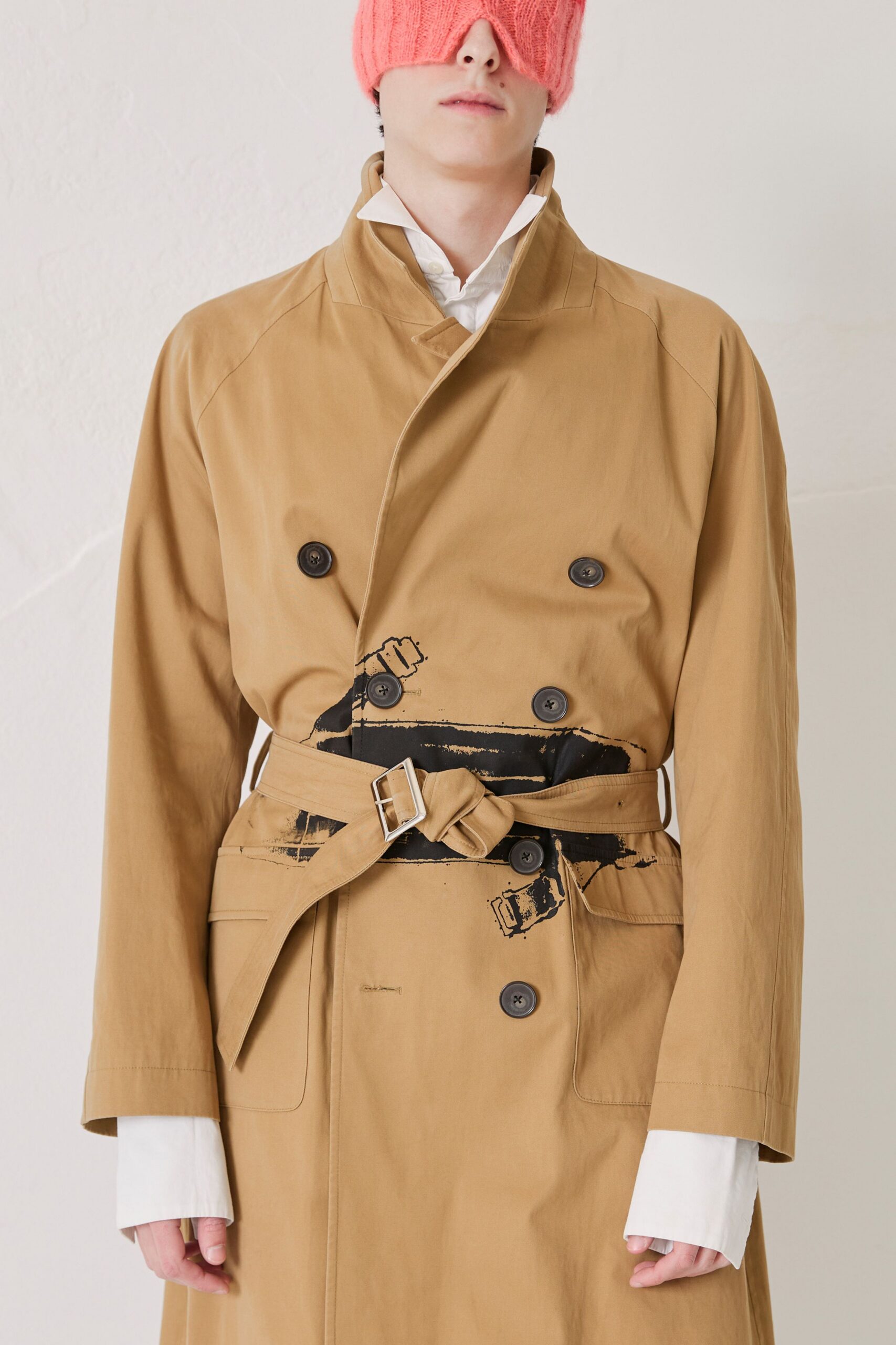 brown cotton long-sleeve collared structured belted trench