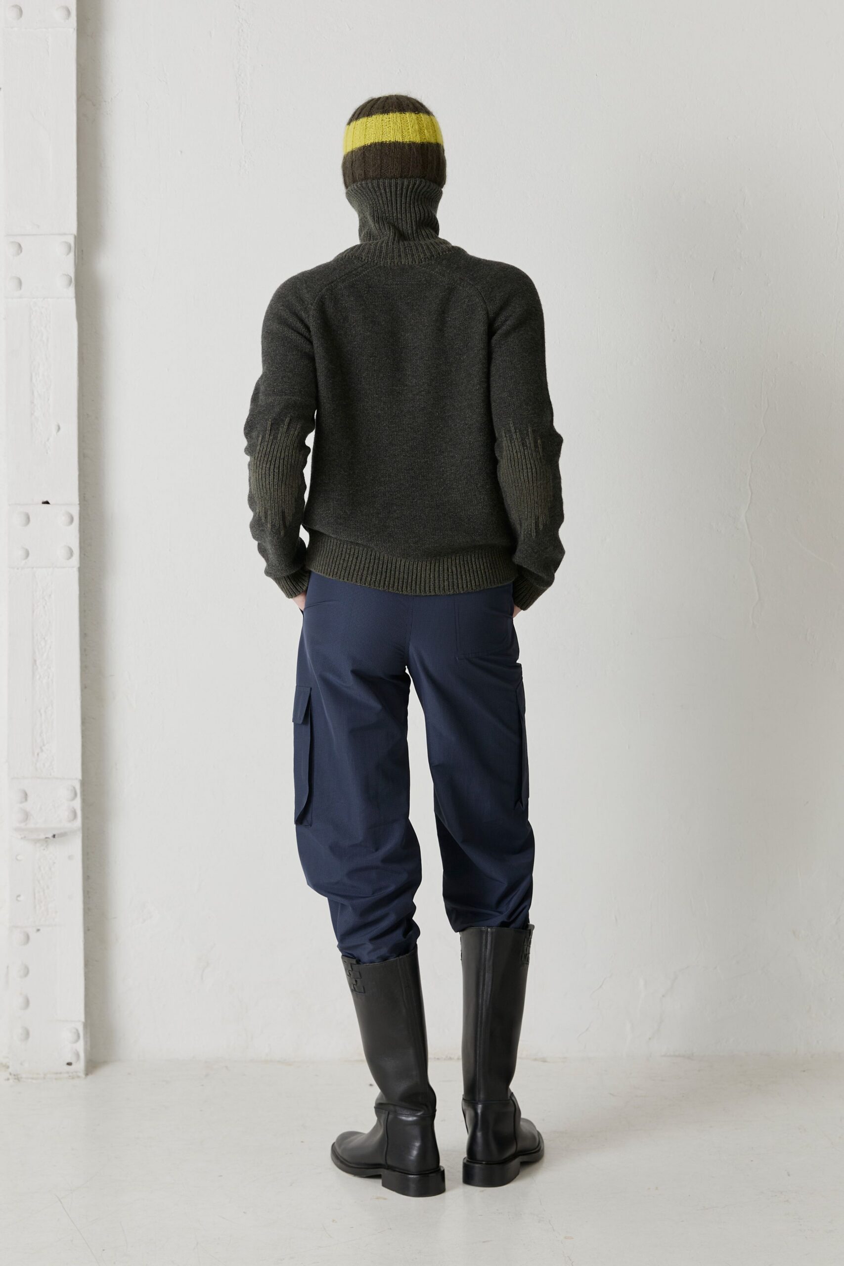 gray wool fitted sweater with cargo pants