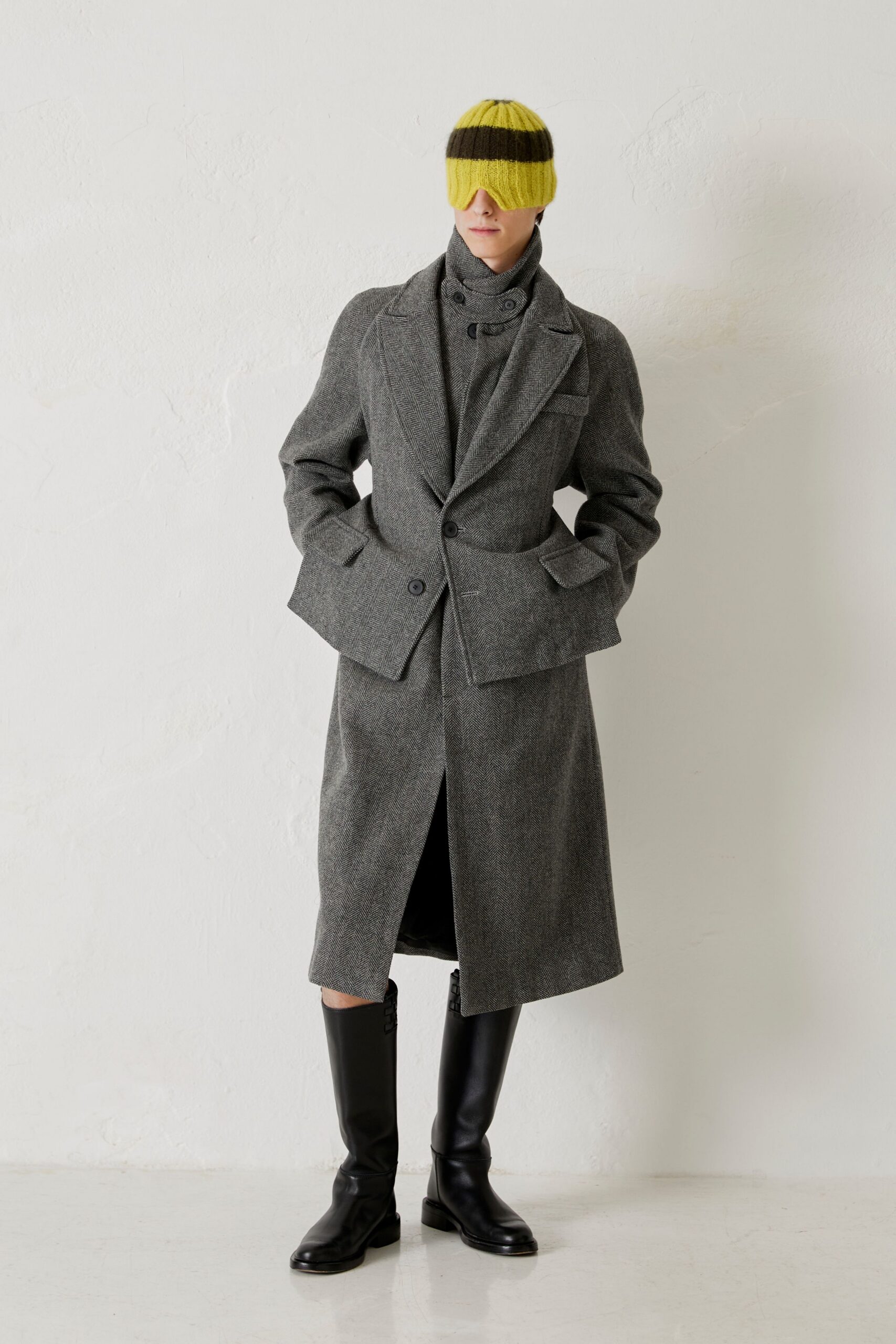 gray wool long-sleeve collared structured buttoned midi coat