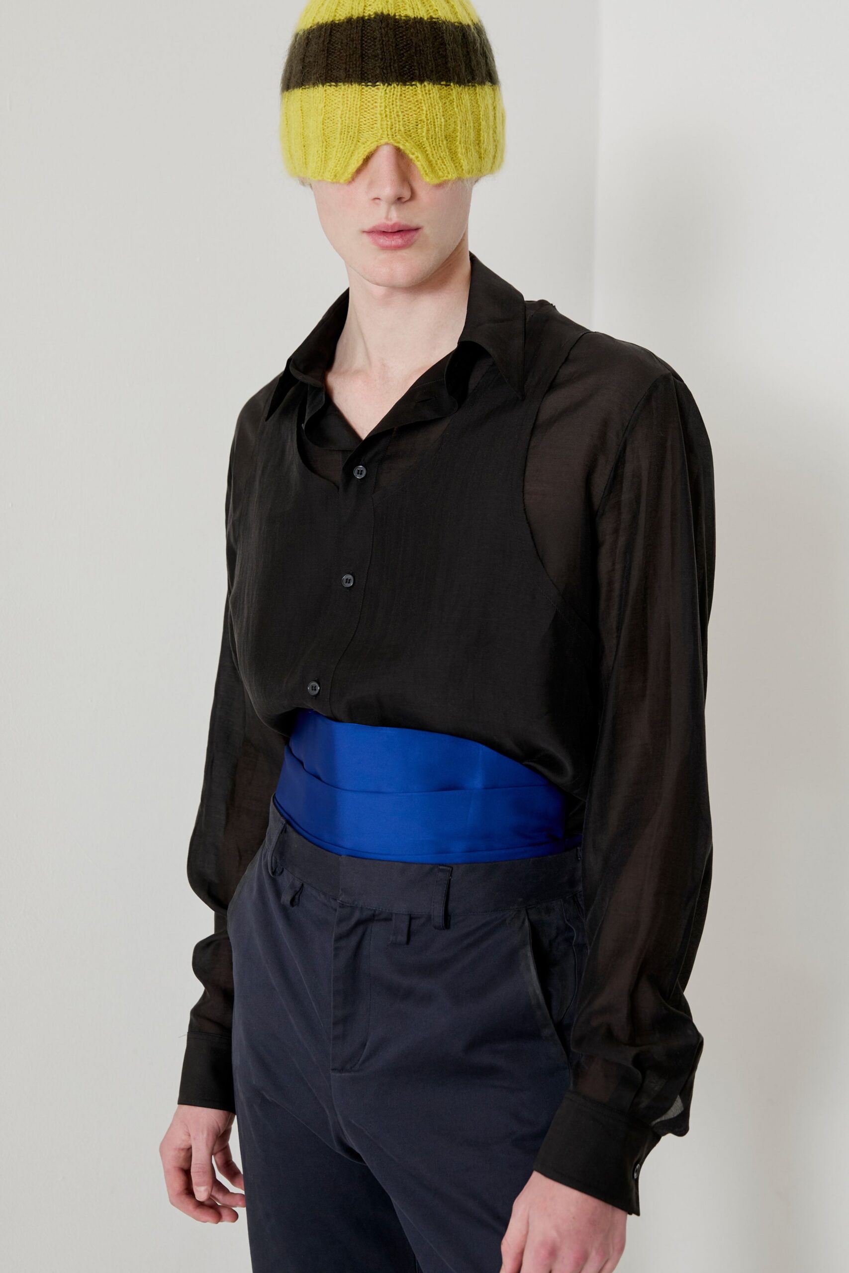 black silk long-sleeve collared fitted sheer shirt