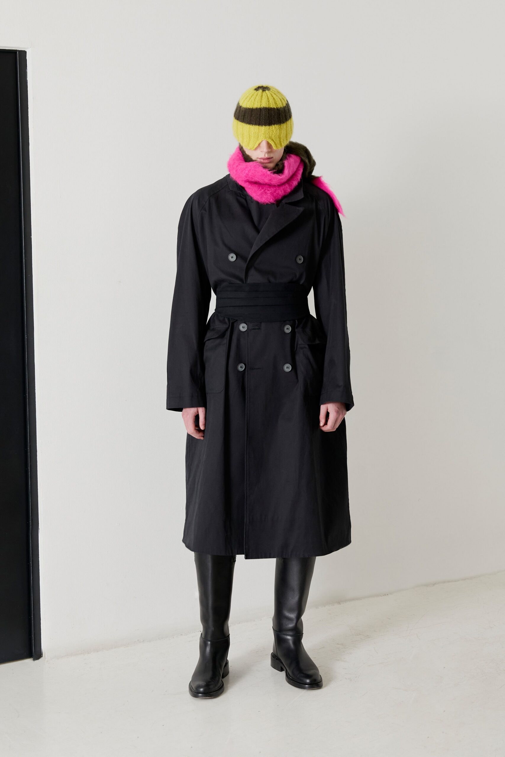 black cotton long-sleeve collared fitted belted midi trench