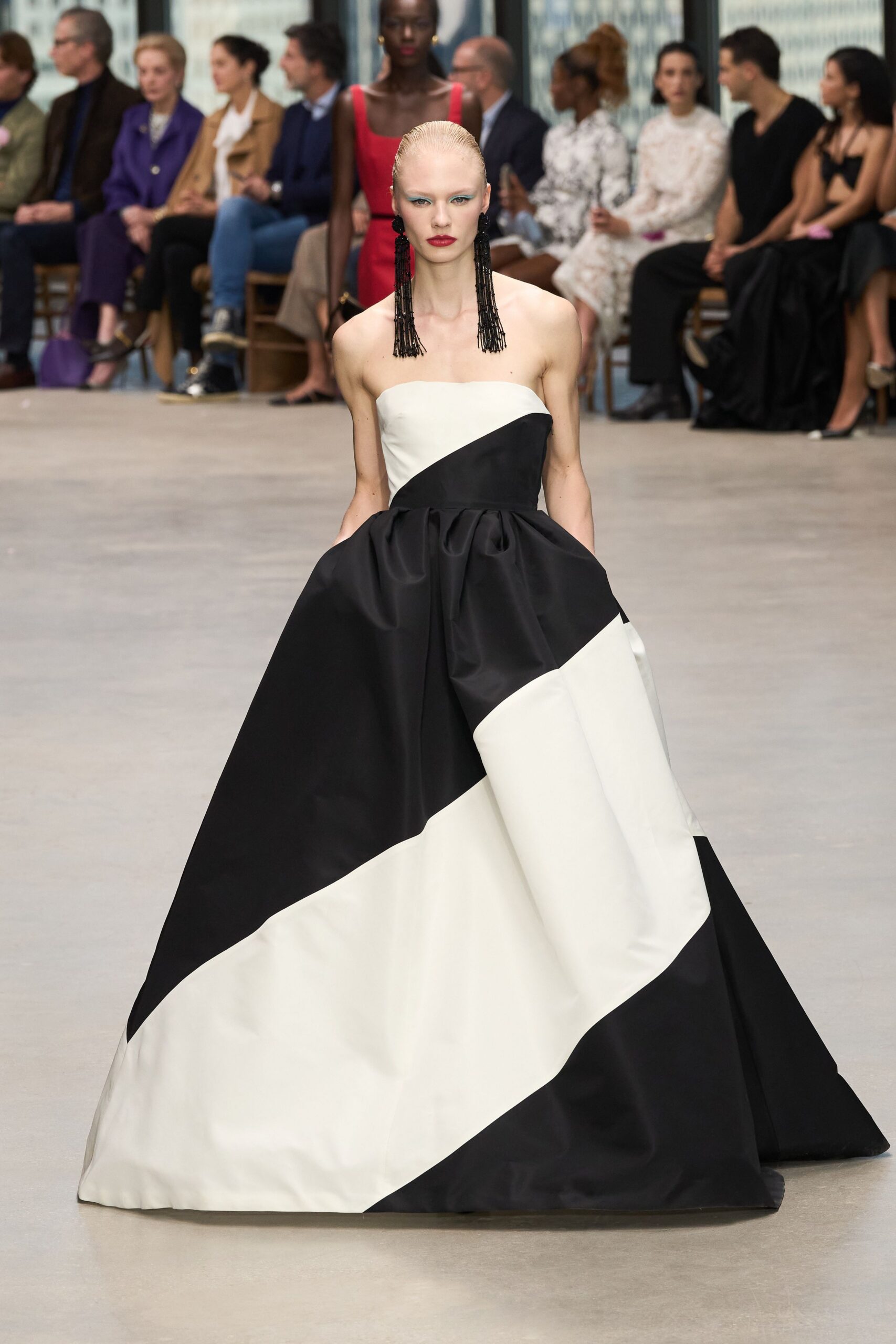 black and white strapless gown