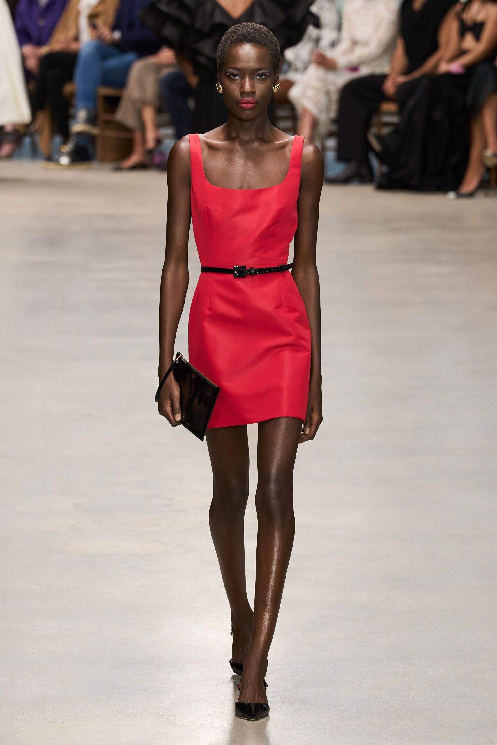 red cotton sleeveless square-neck fitted belted mini mini-dress