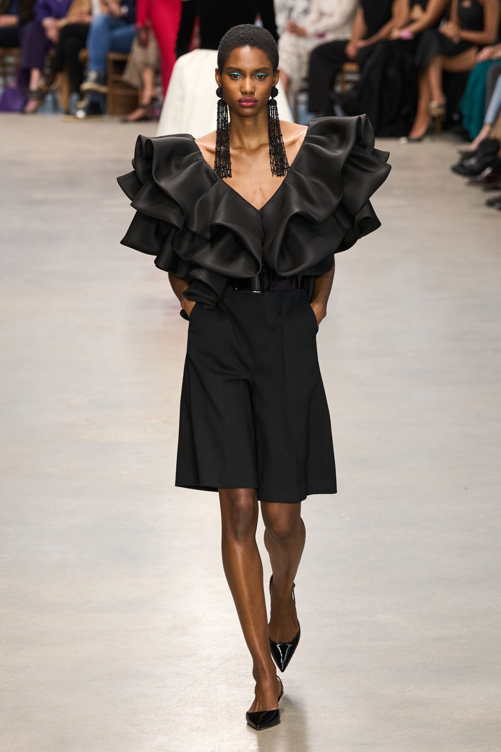 black silk sleeveless v-neck fitted ruffled top