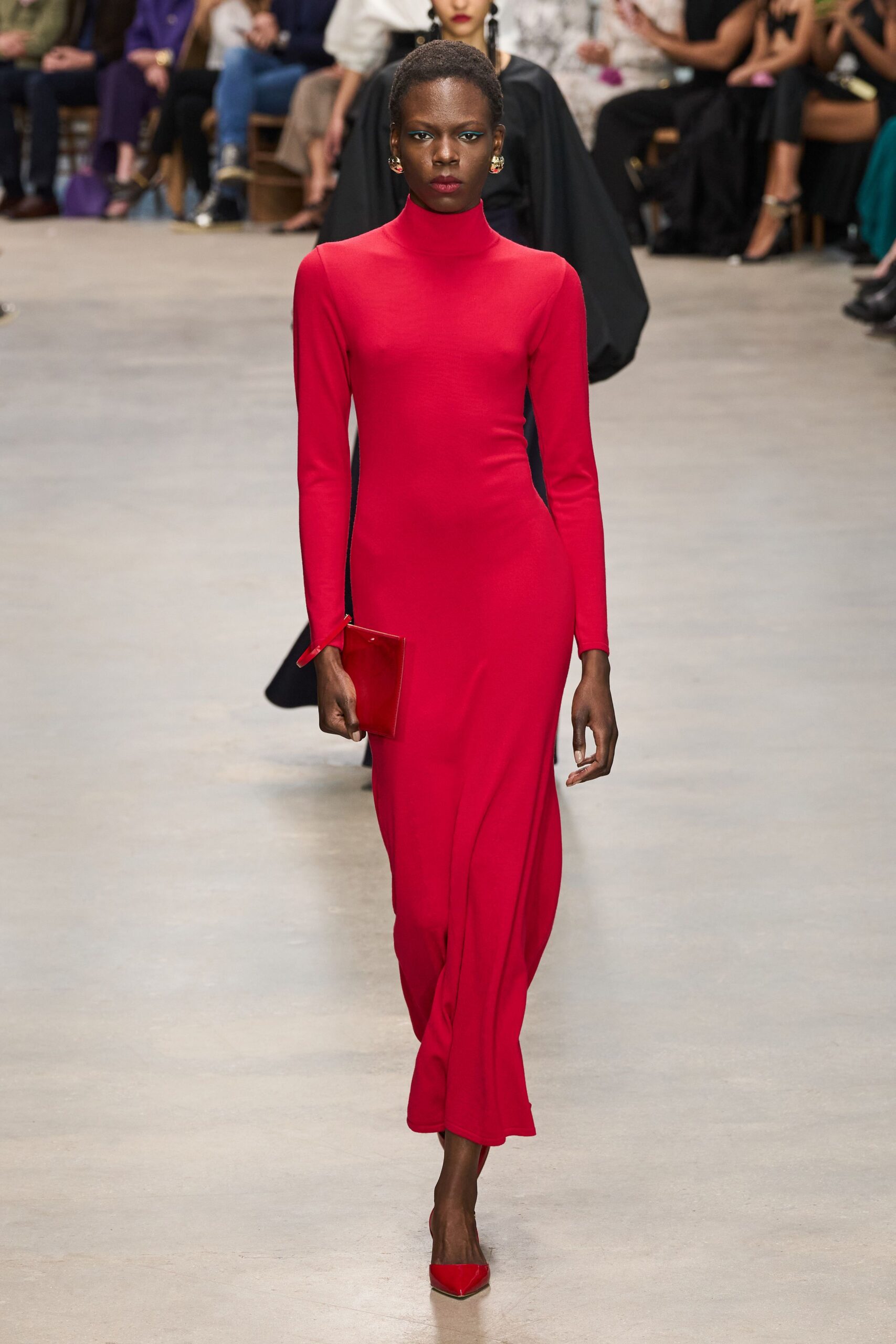red cotton long-sleeve high-neck fitted straight-leg maxi gown
