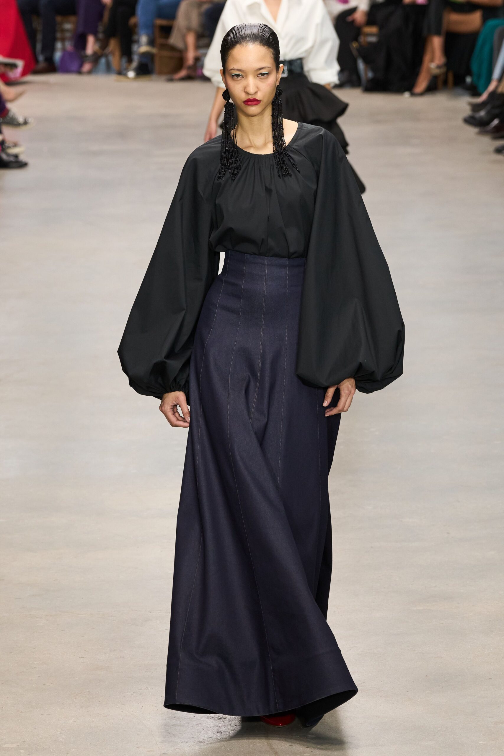 black blouse with wide-leg pants