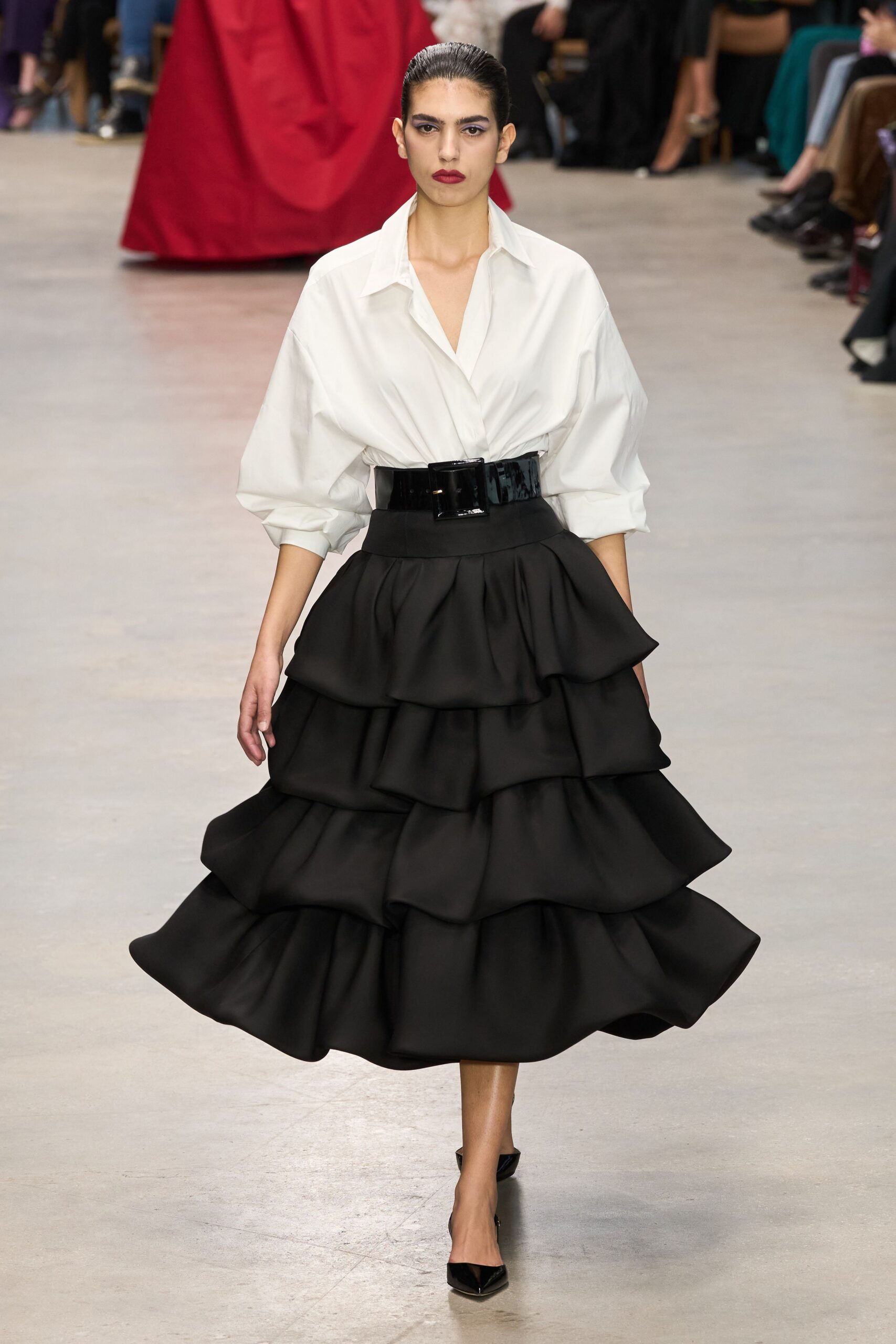 white shirt black tiered skirt