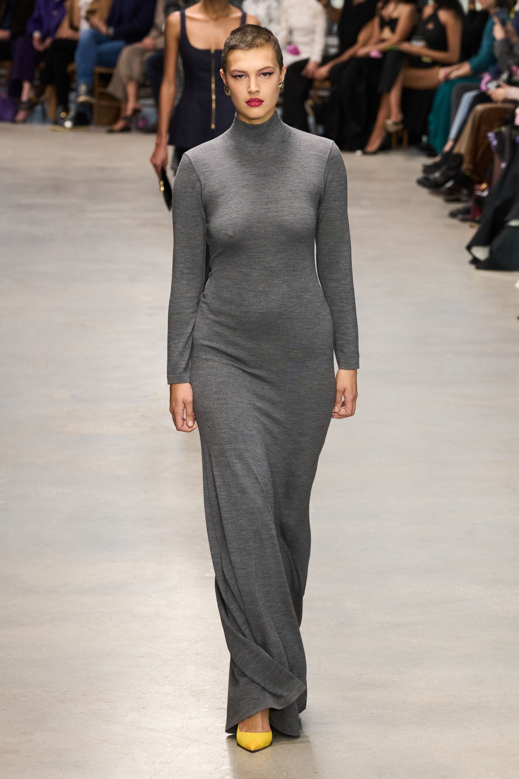 gray jersey long-sleeve high-neck fitted straight-leg maxi gown