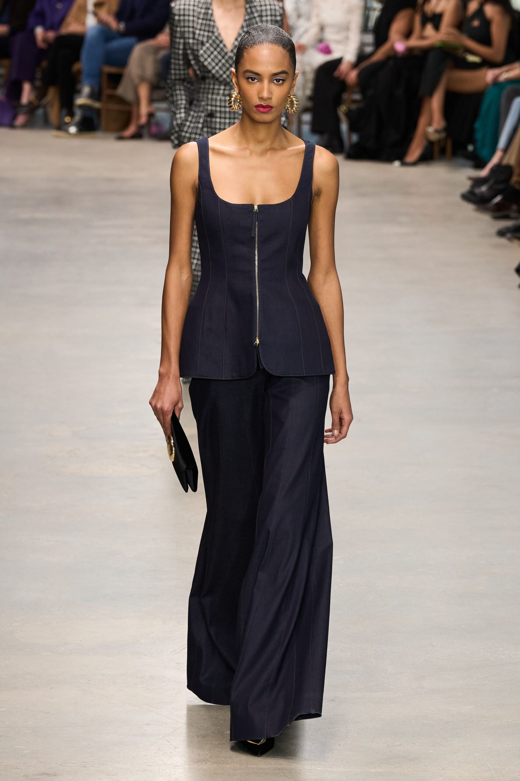 blue cotton tailored wide-leg pants