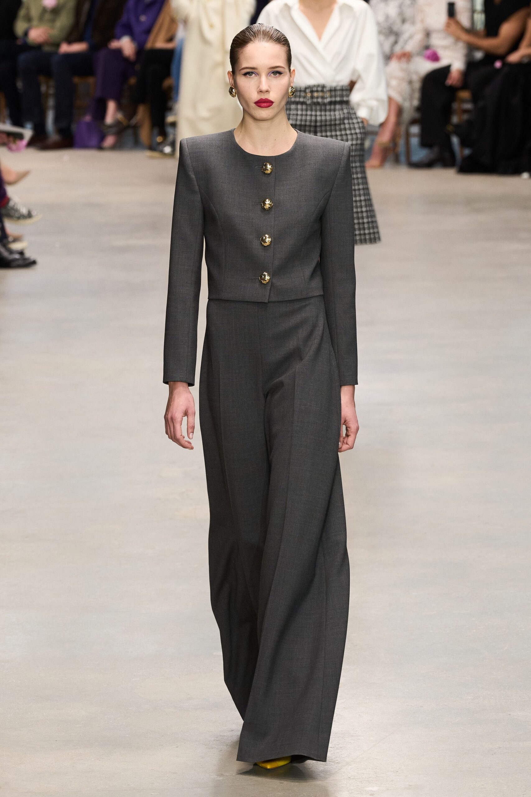 gray wool long-sleeve collared fitted buttoned jumpsuit