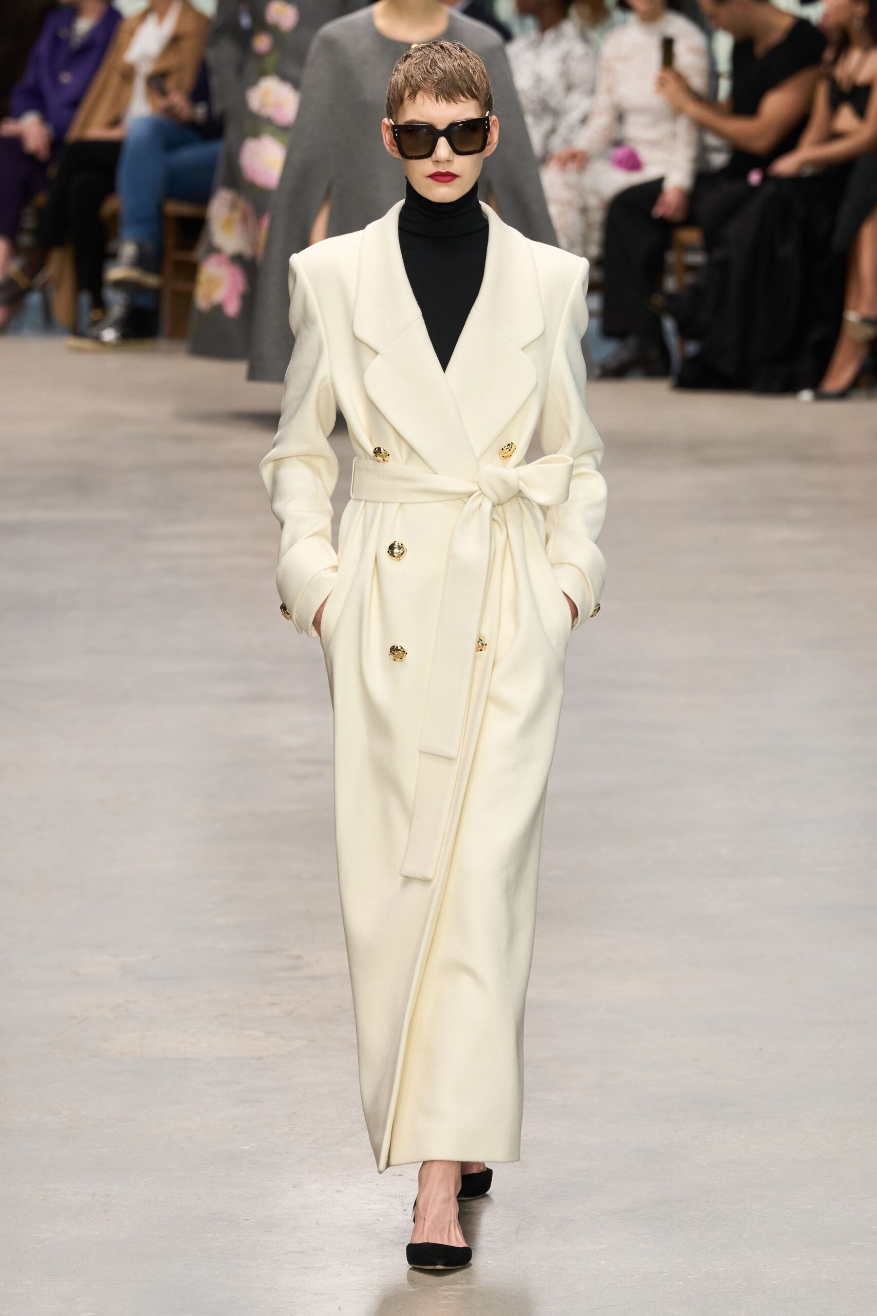 white wool long-sleeve collared fitted belted maxi coat