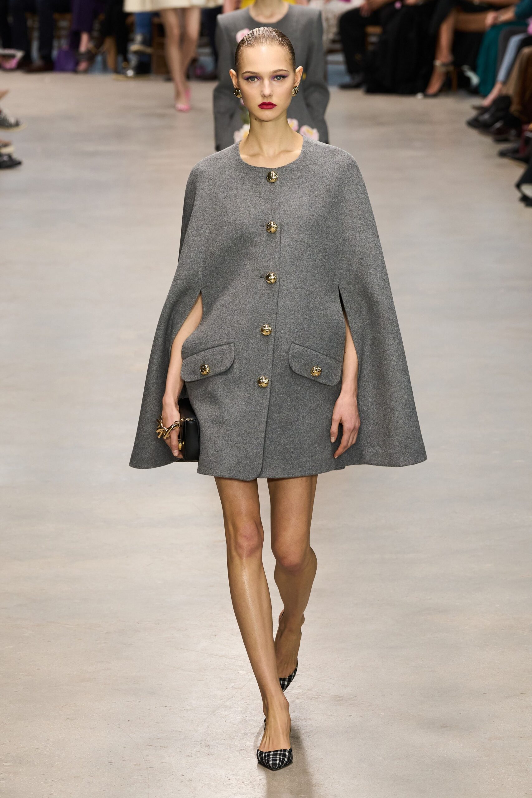 gray wool long-sleeve collared structured buttoned pockets cape