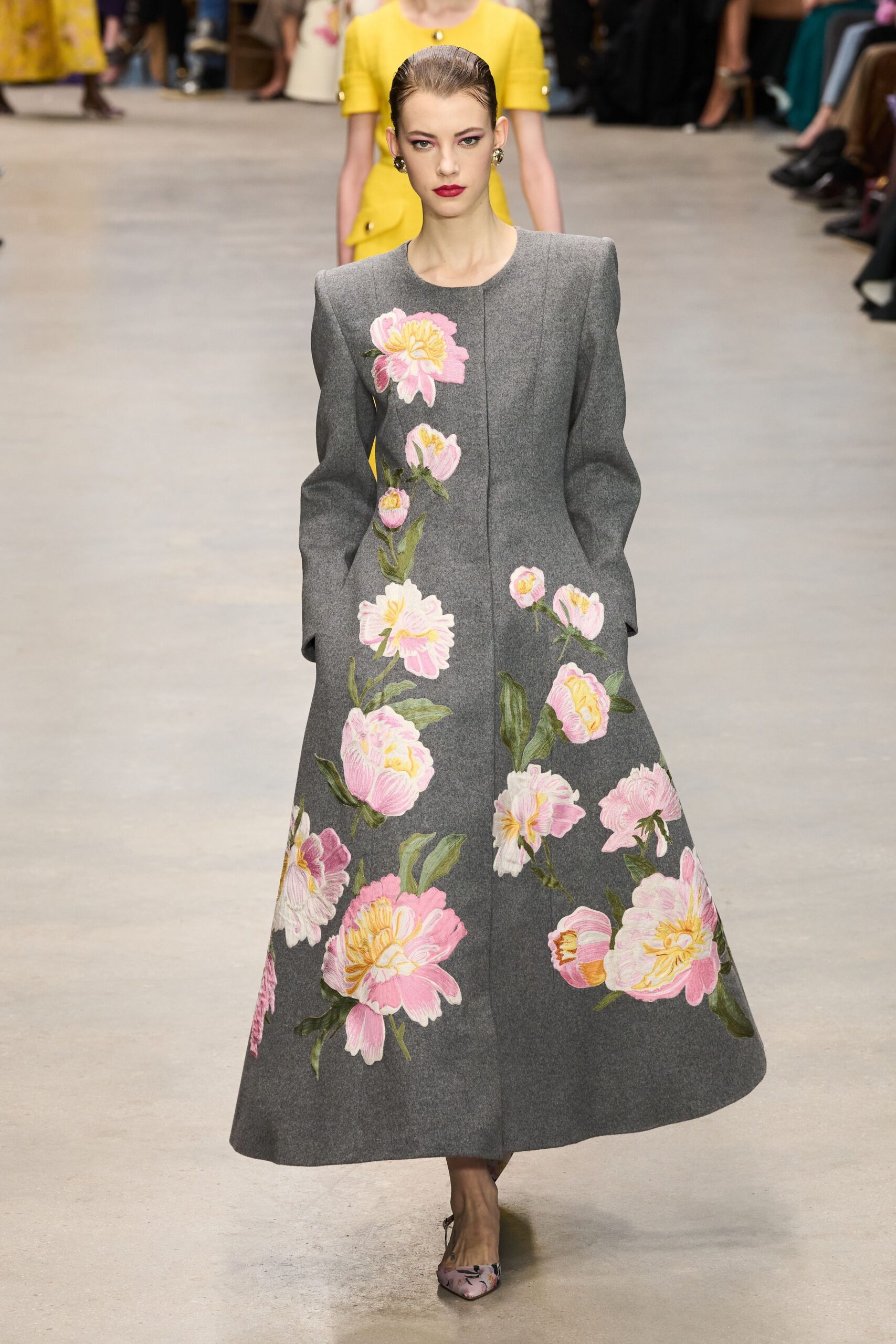 gray wool long-sleeve collared fitted embroidered maxi coat