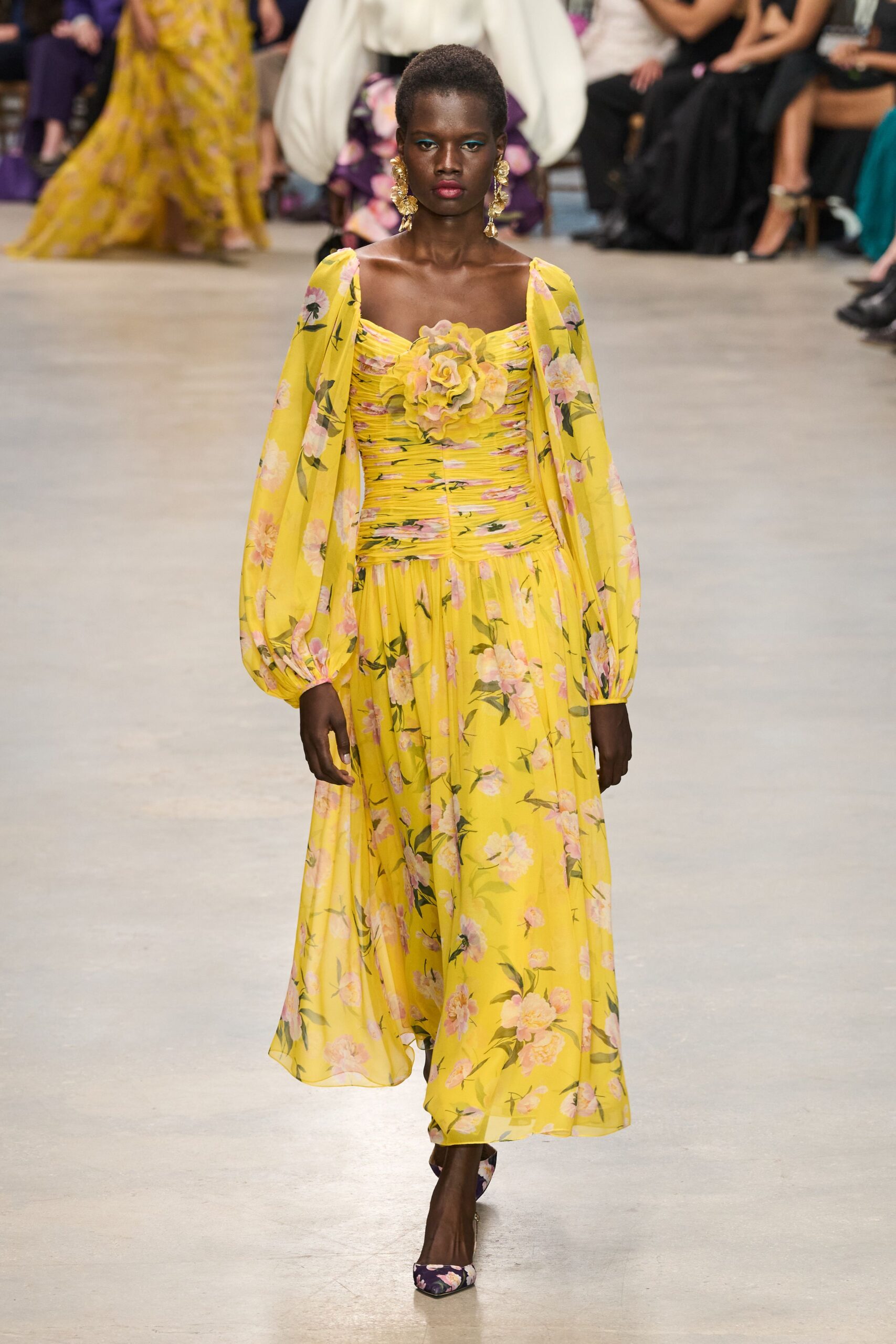 yellow silk long-sleeve square-neck fitted floral pleated dress