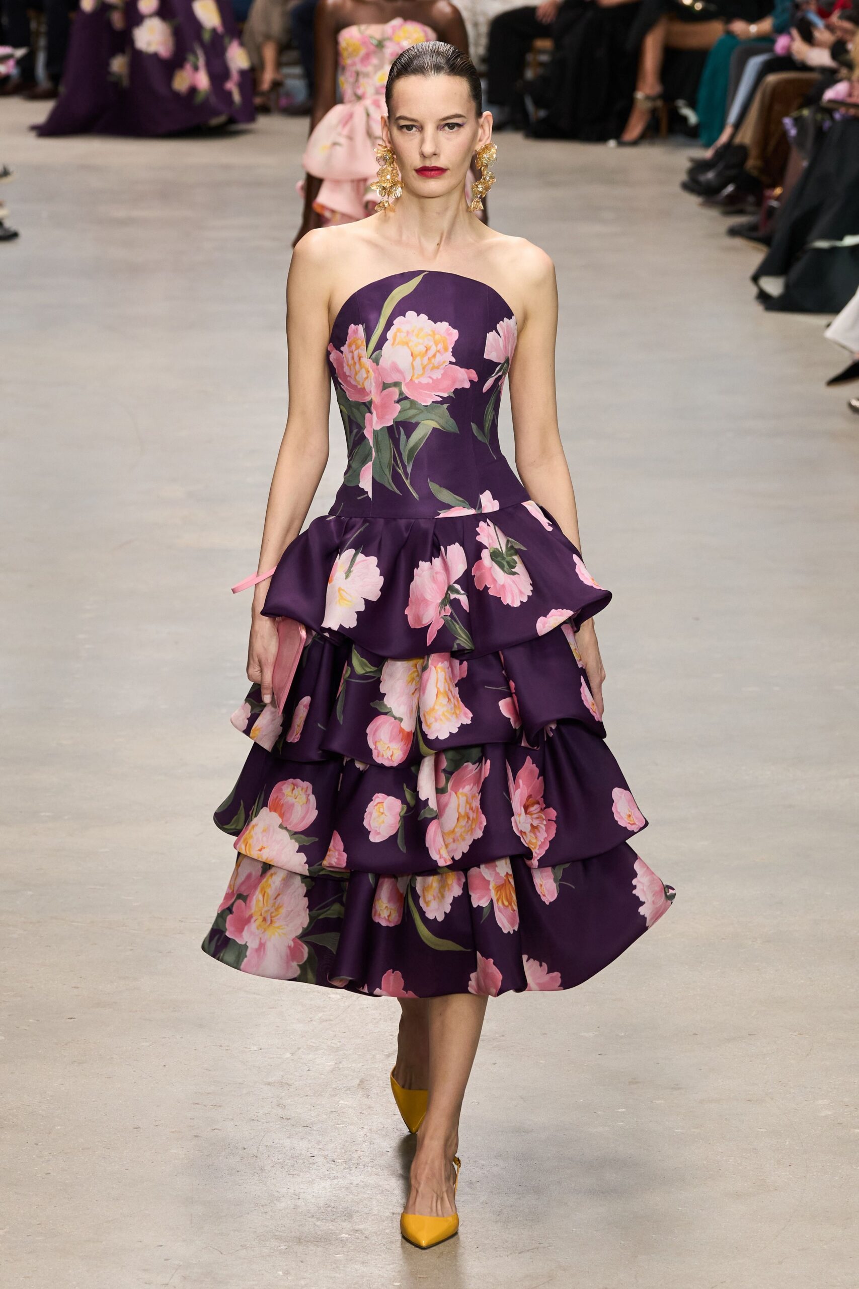 purple silk strapless fitted floral flared midi dress