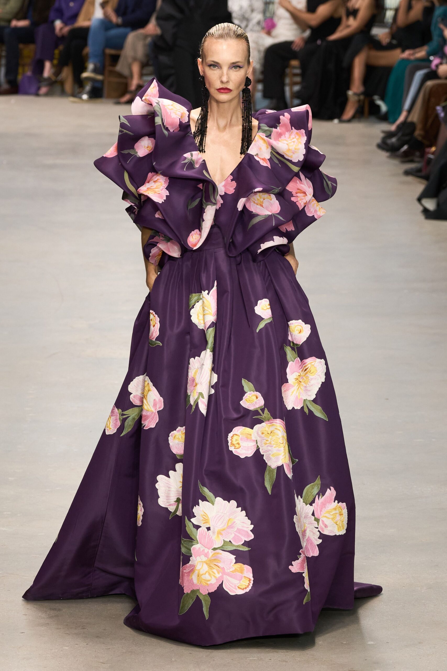 purple floral ruffled gown