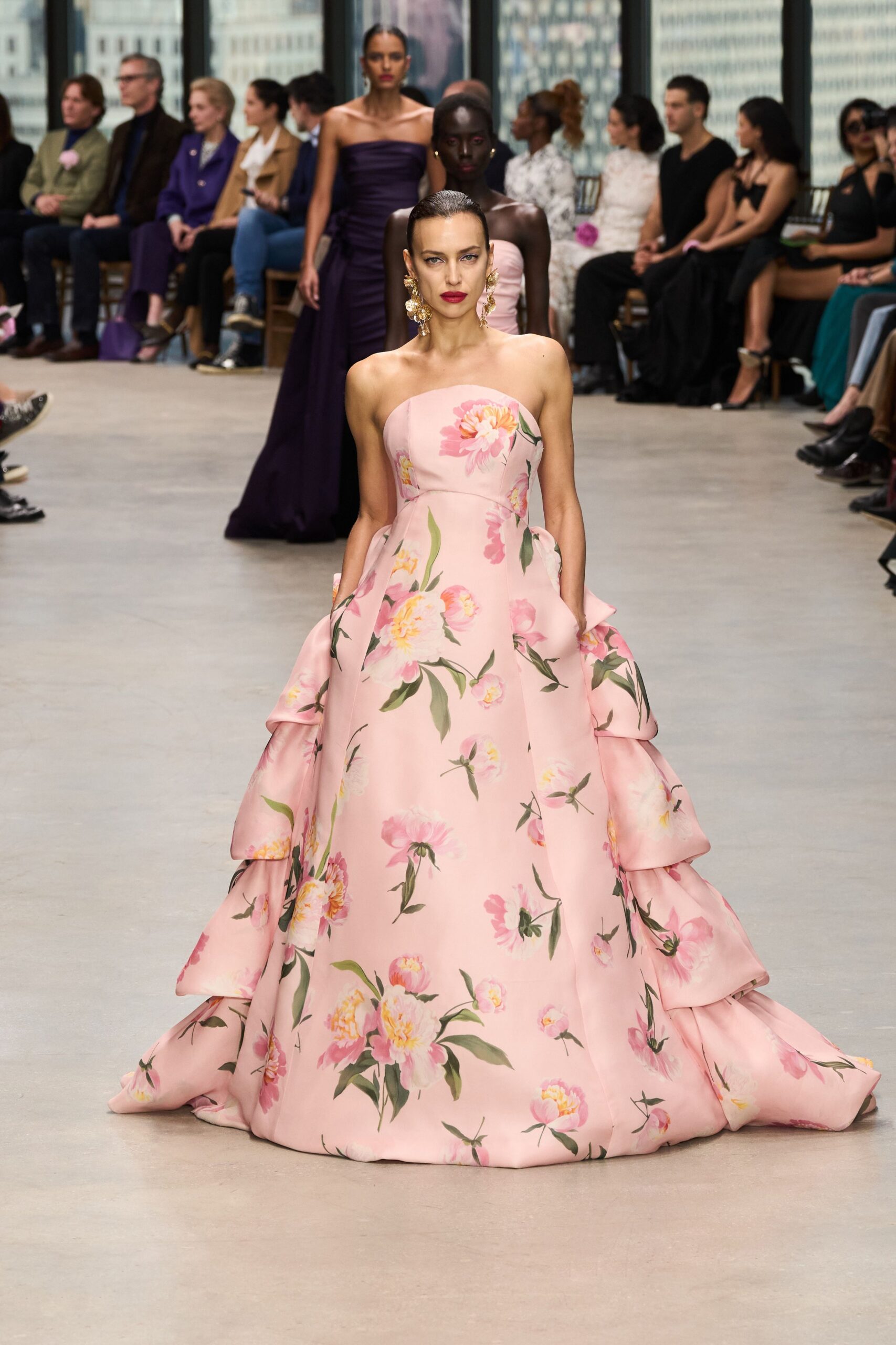 pink floral strapless gown
