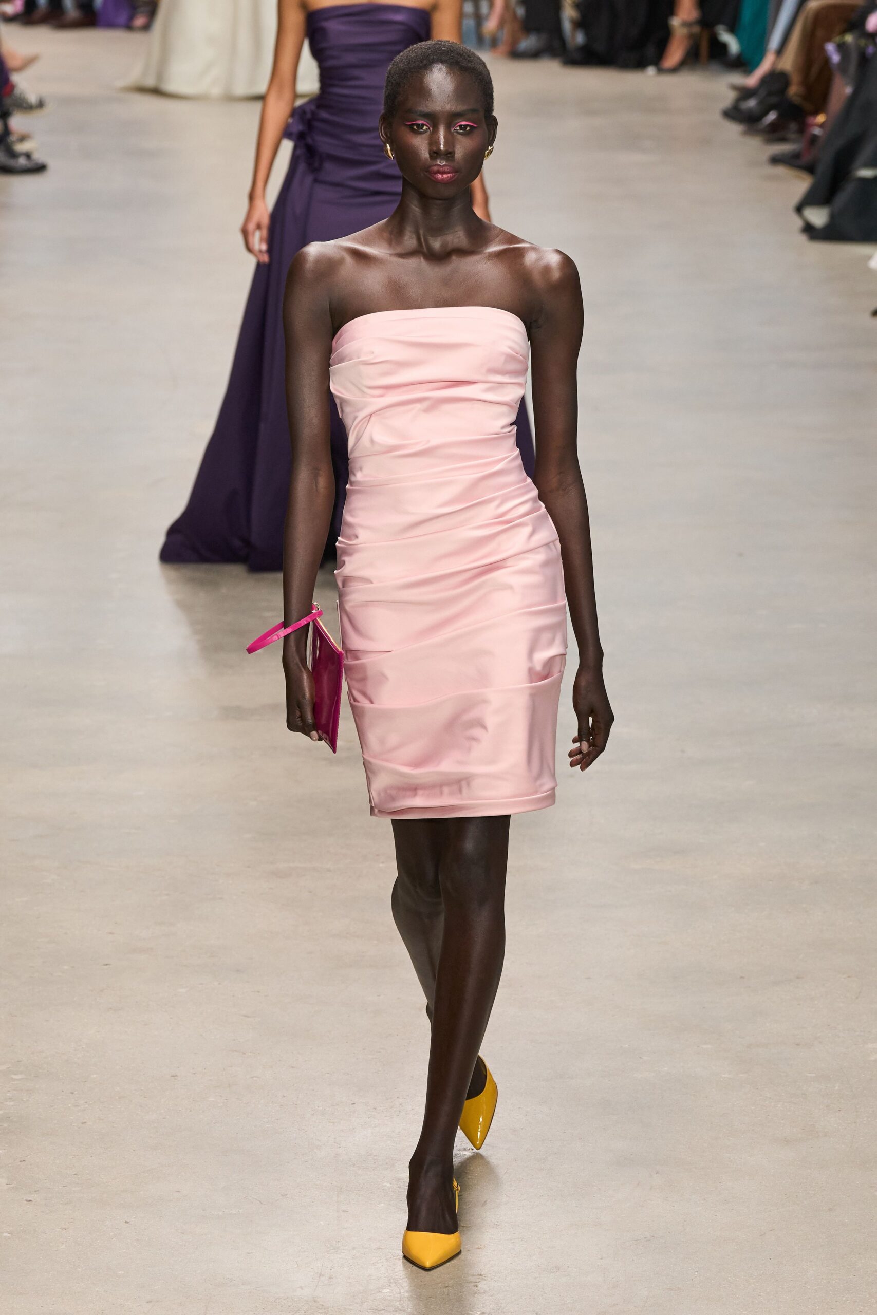 pink ruched strapless mini dress