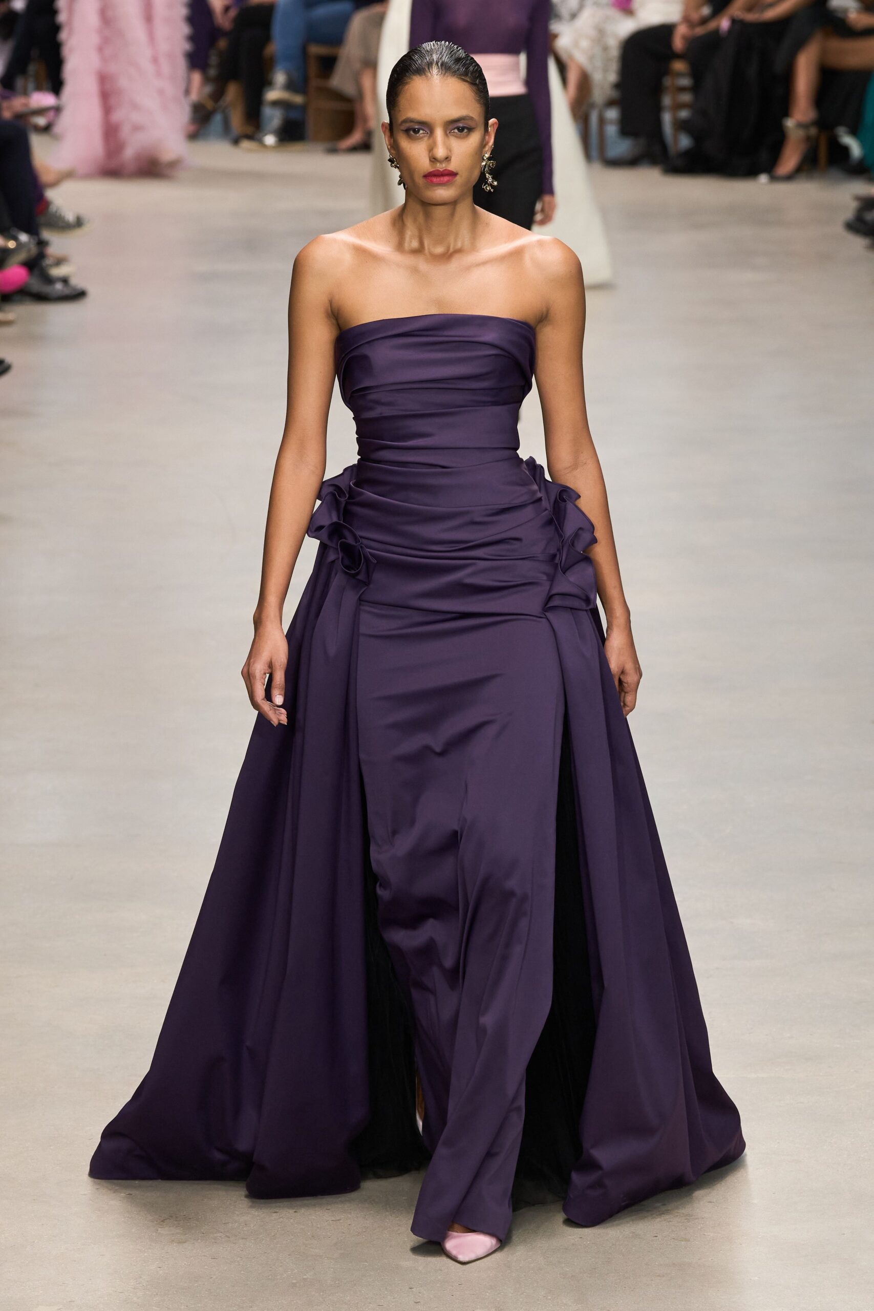 purple silk strapless fitted ruched layered maxi gown
