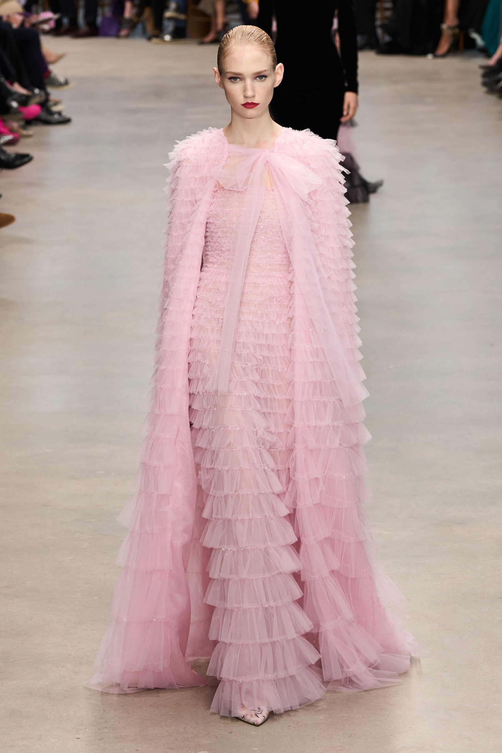 pink tulle long-sleeve high-neck fitted tiered ruffled gown