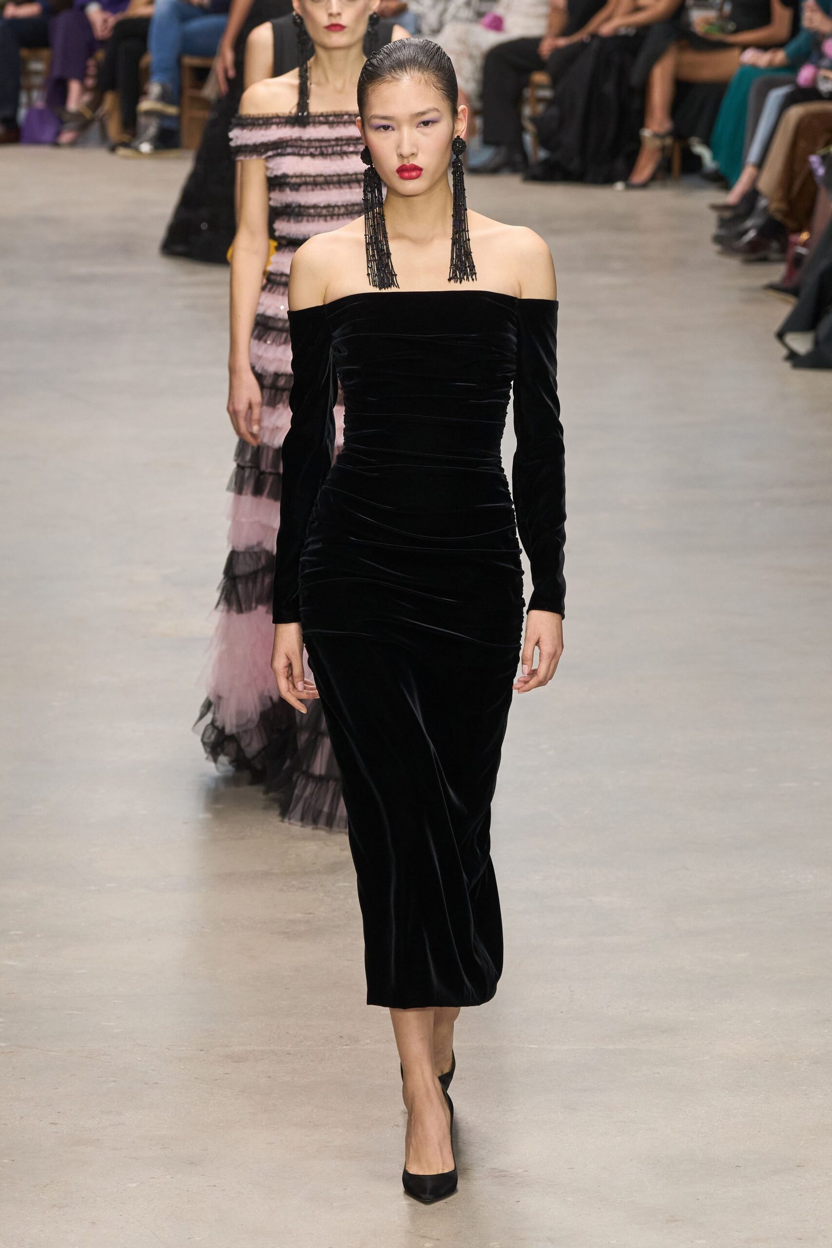 black velvet long-sleeve off-shoulder fitted ruched midi dress