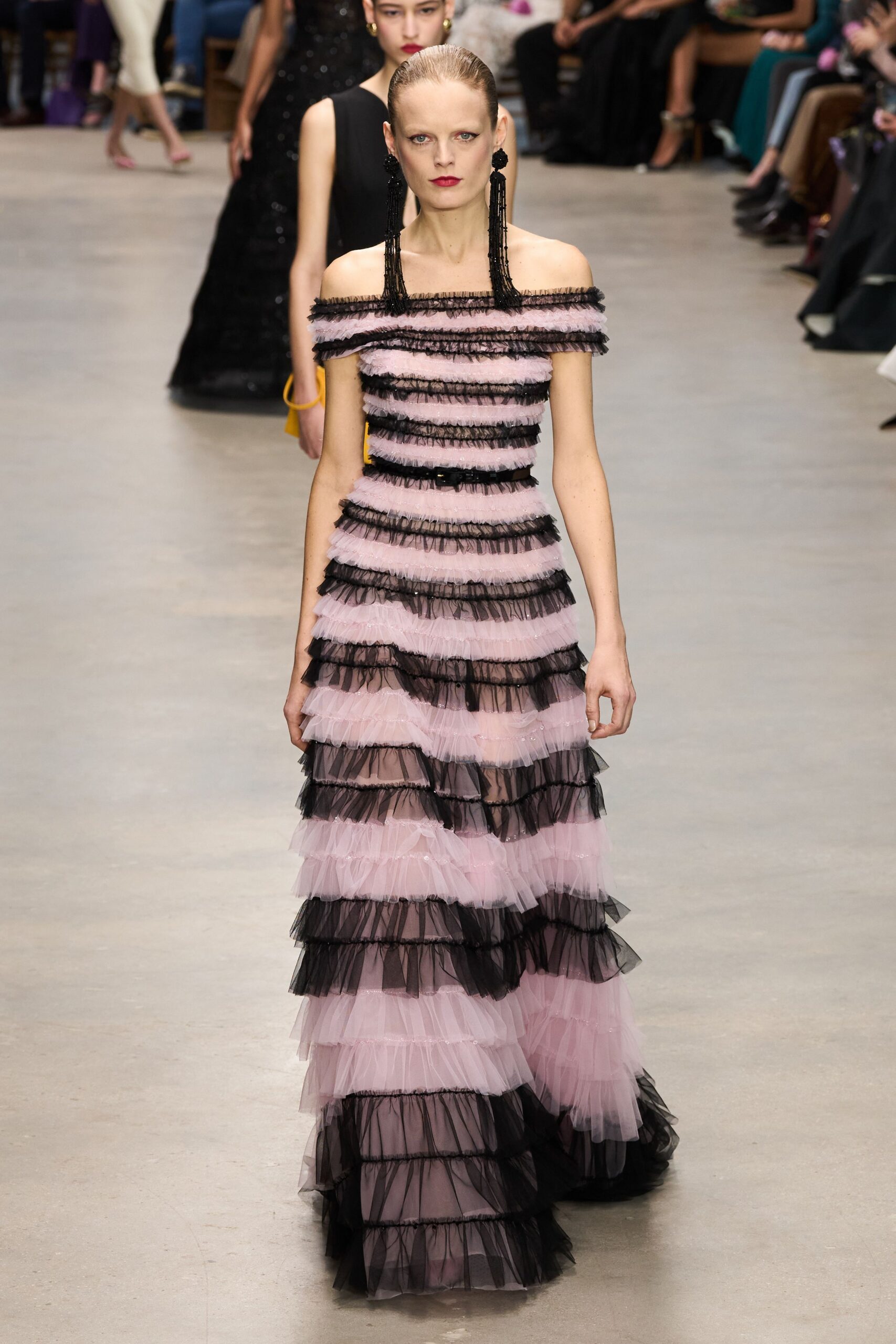 pink and black ruffled gown