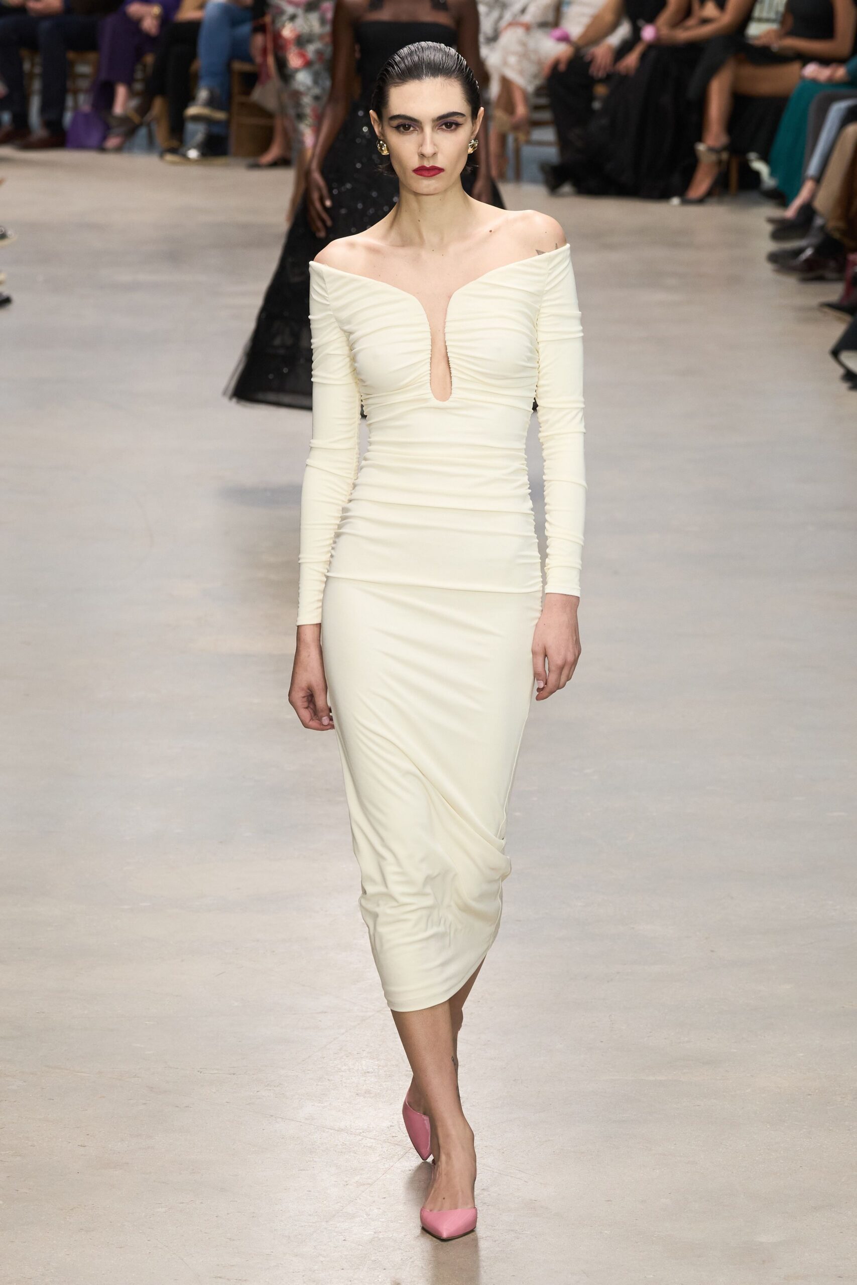 white cotton long-sleeve off-shoulder fitted ruched midi dress