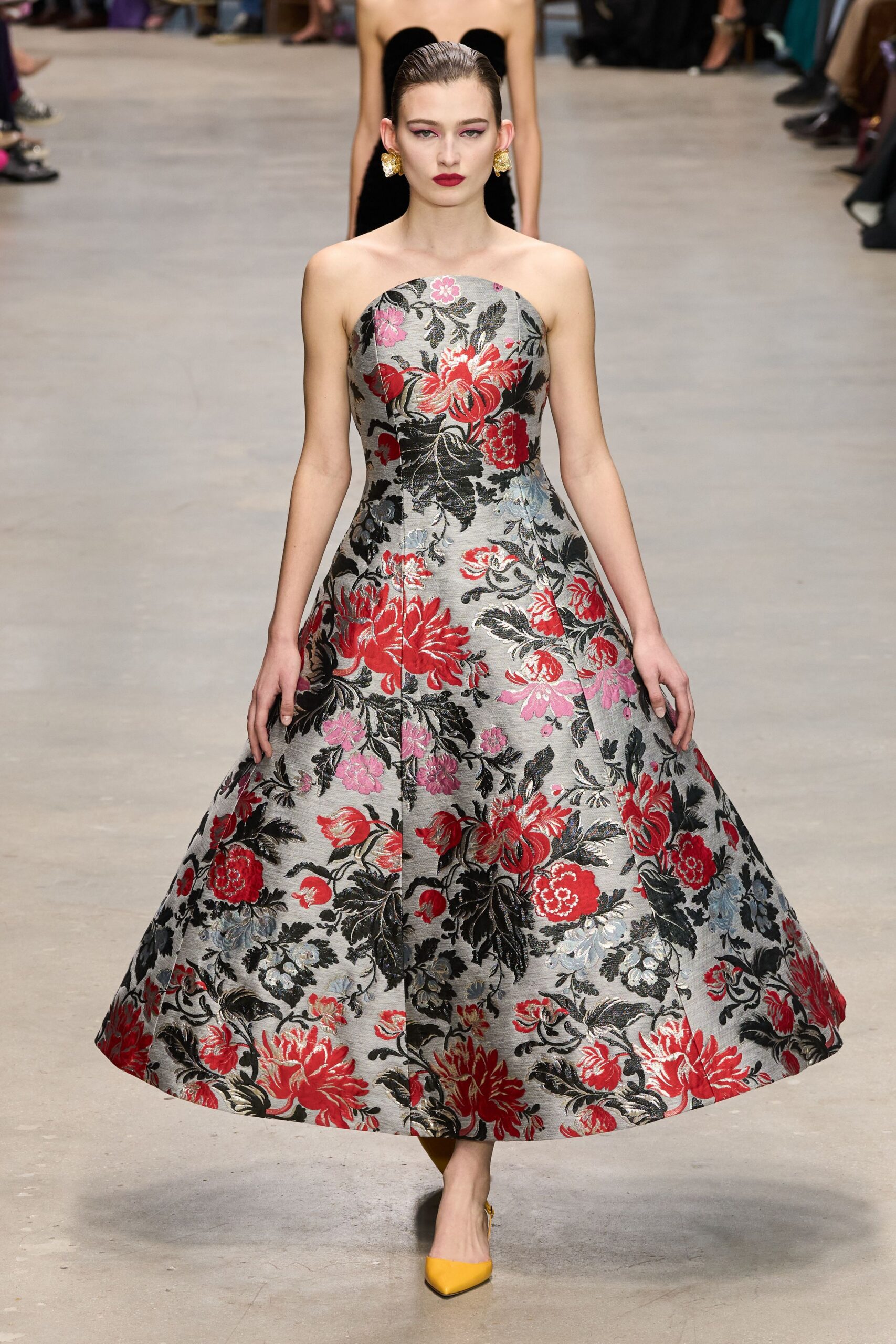 gray silk strapless fitted floral a-line maxi gown