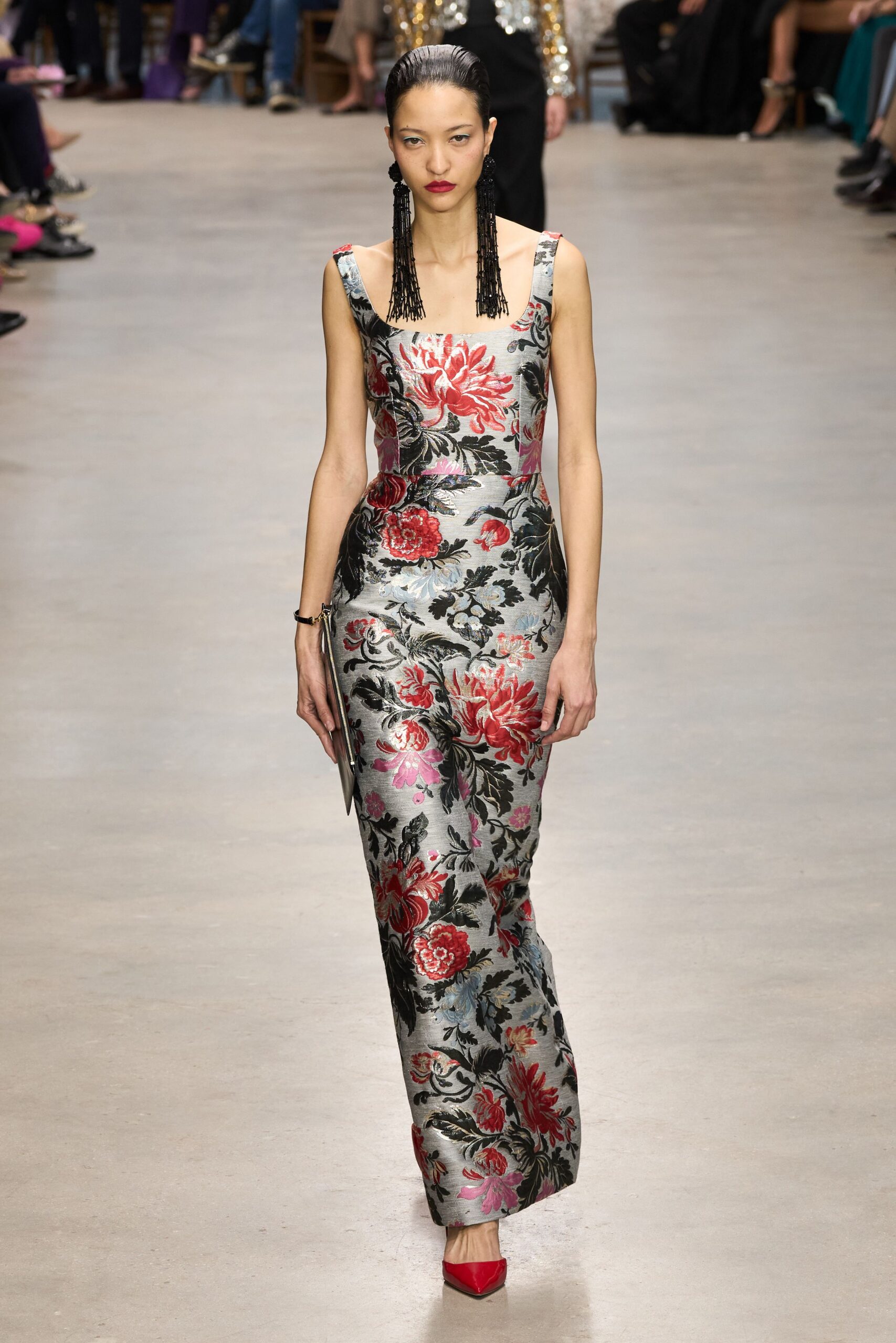 gray silk sleeveless square-neck fitted floral maxi gown