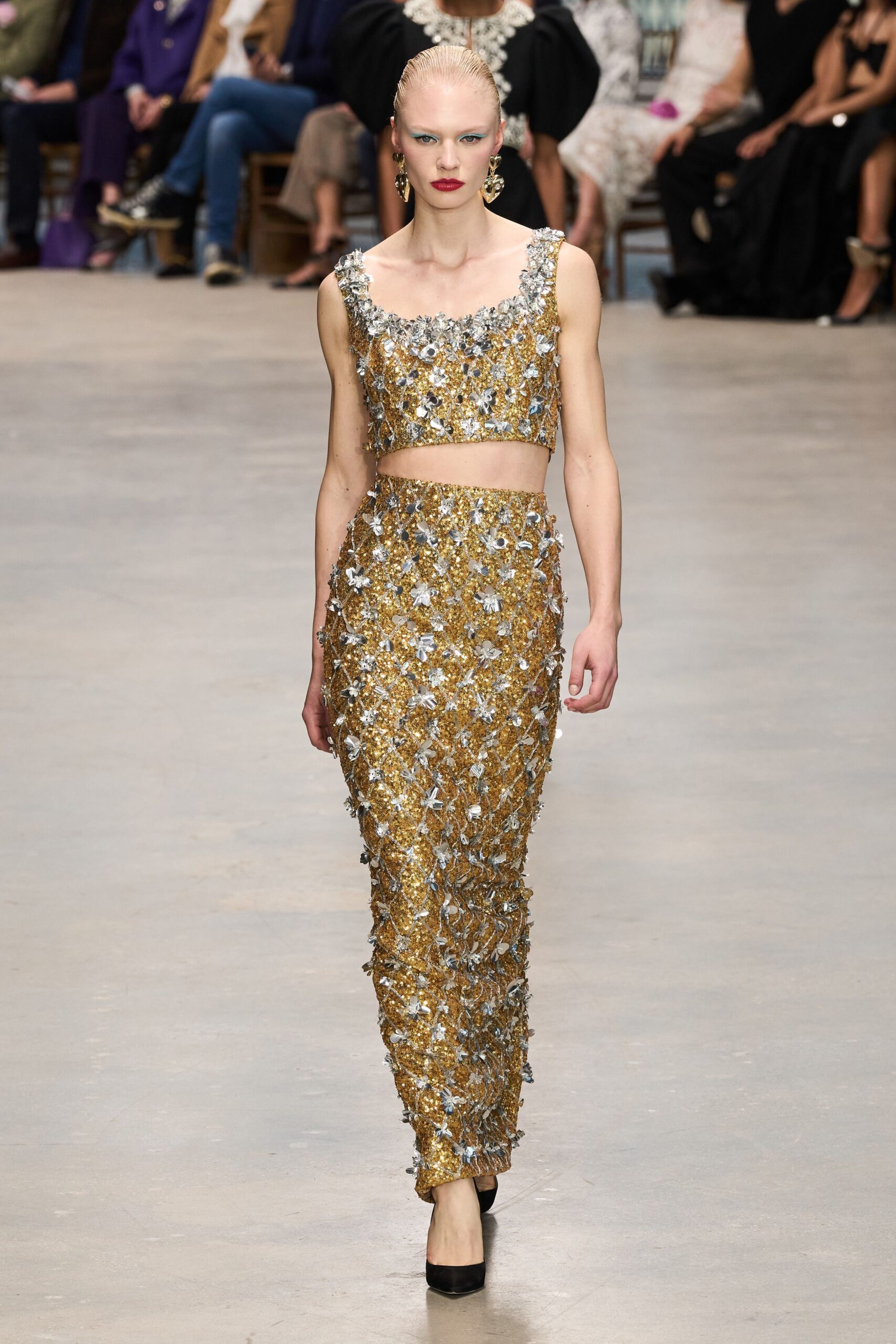 gold silk sleeveless square-neck fitted embellished cropped crop-top