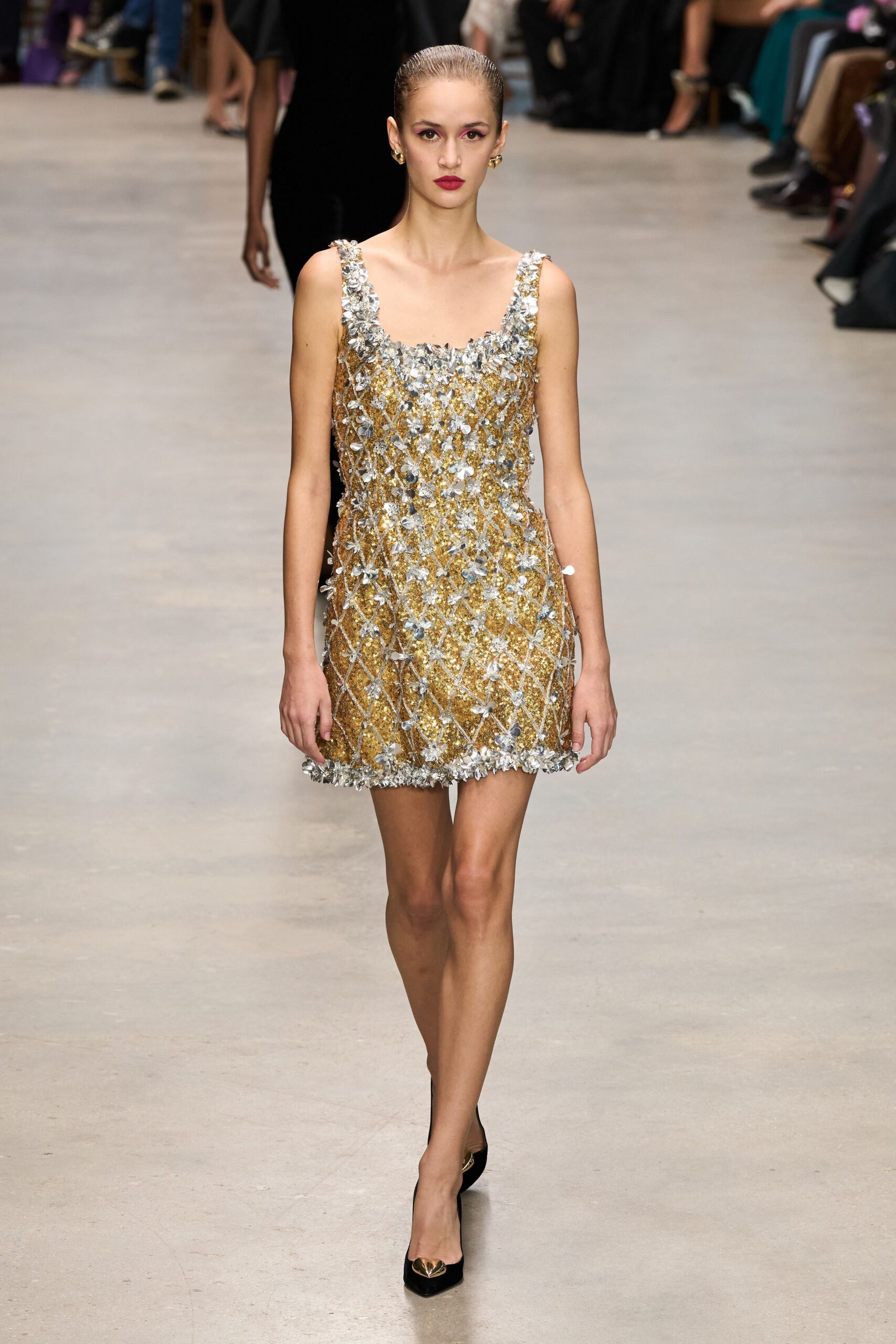 gold silk sleeveless square-neck fitted embellished shiny dress
