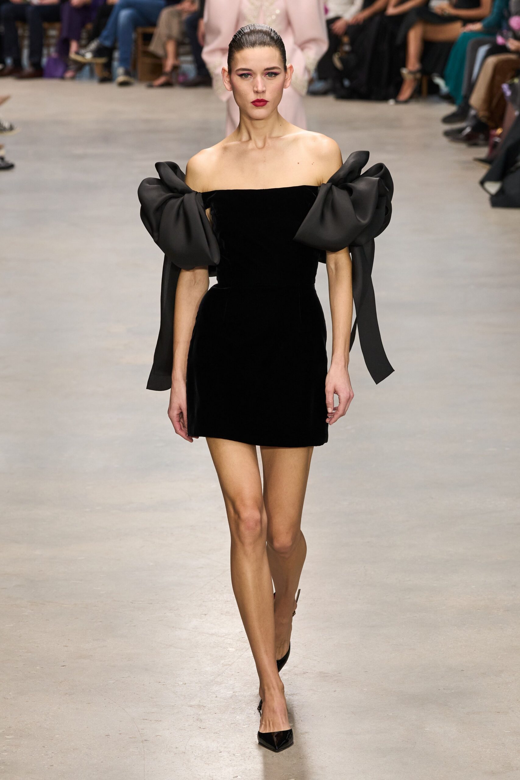 black velvet off-shoulder short-sleeve fitted ruffled mini dress