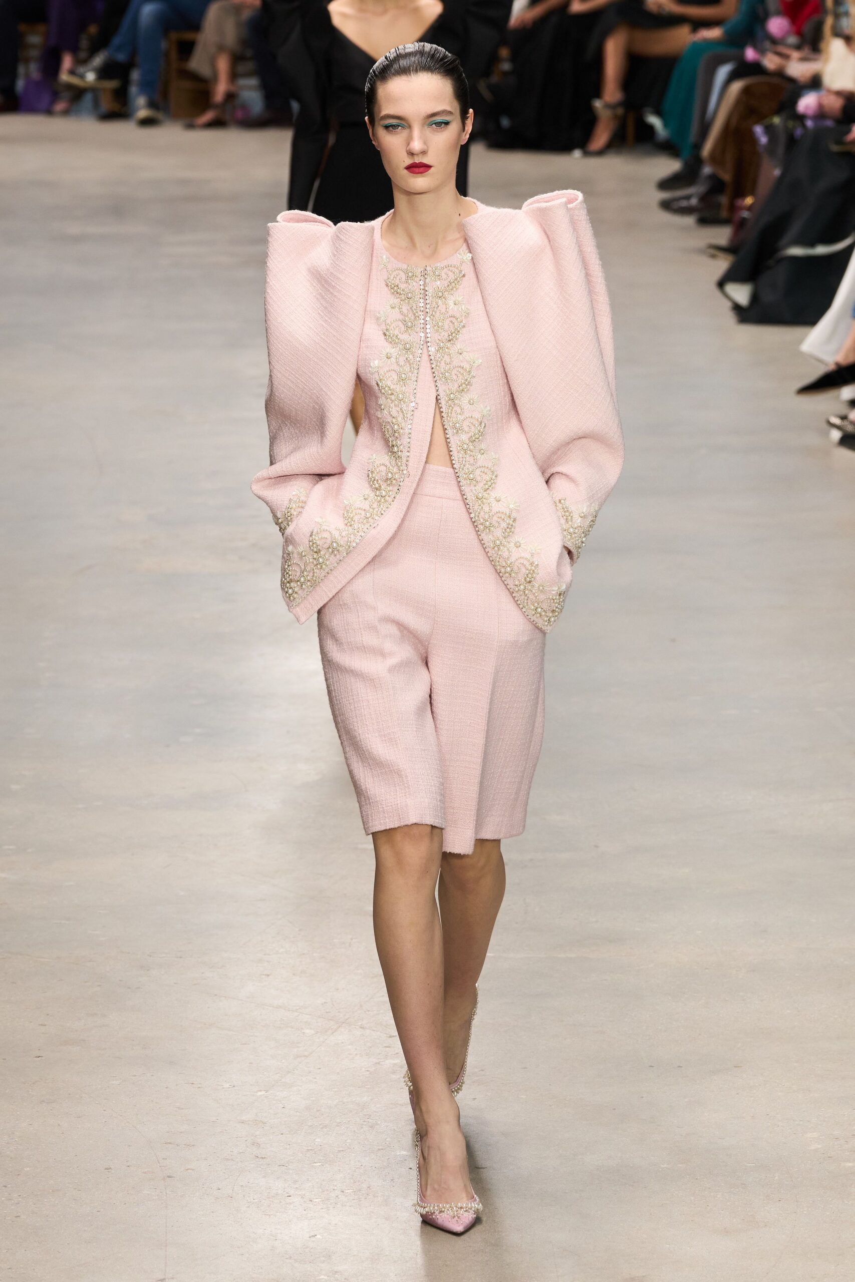 pink tweed long-sleeve collared structured embroidered jacket