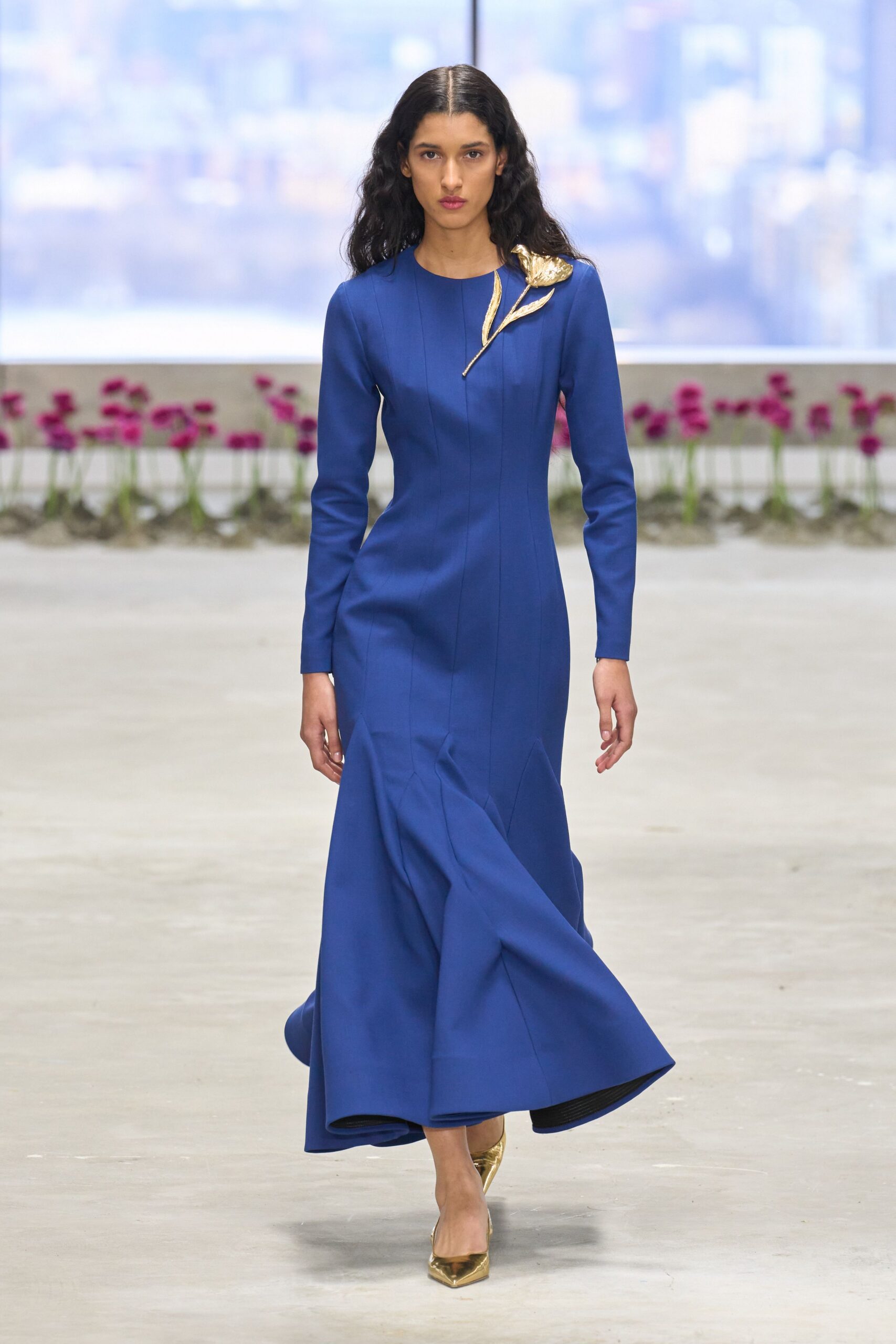 blue silk long-sleeve v-neck fitted flared maxi gown