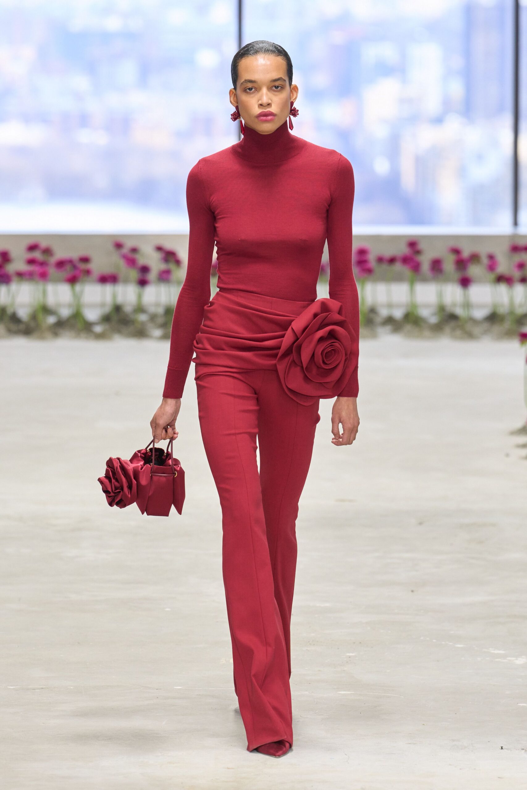 red cotton fitted straight-leg pants