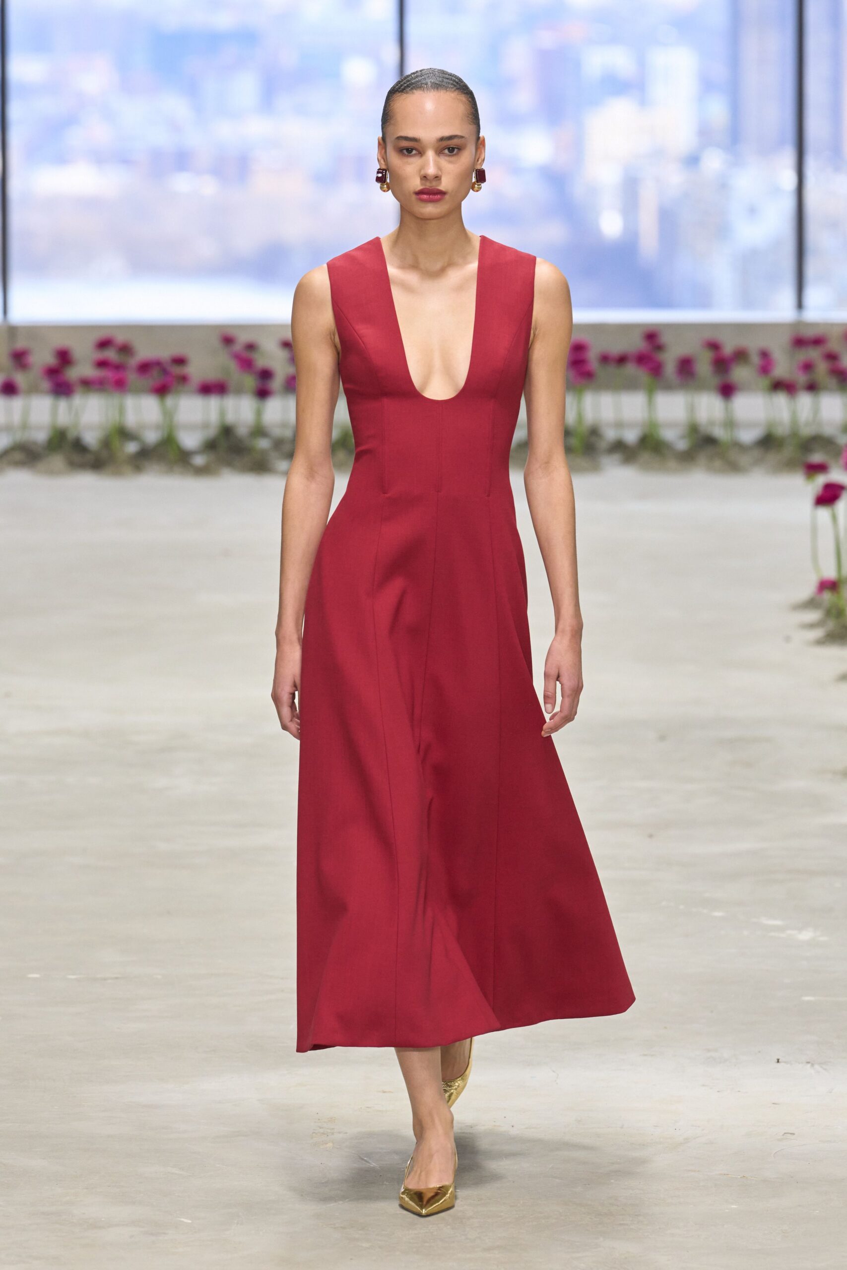 red silk sleeveless v-neck fitted straight-leg midi gown