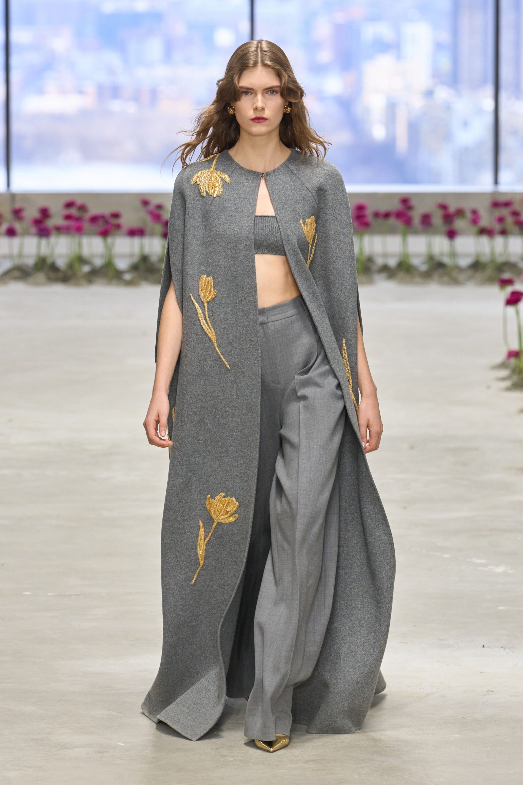 gray wool sleeveless relaxed embroidered cape