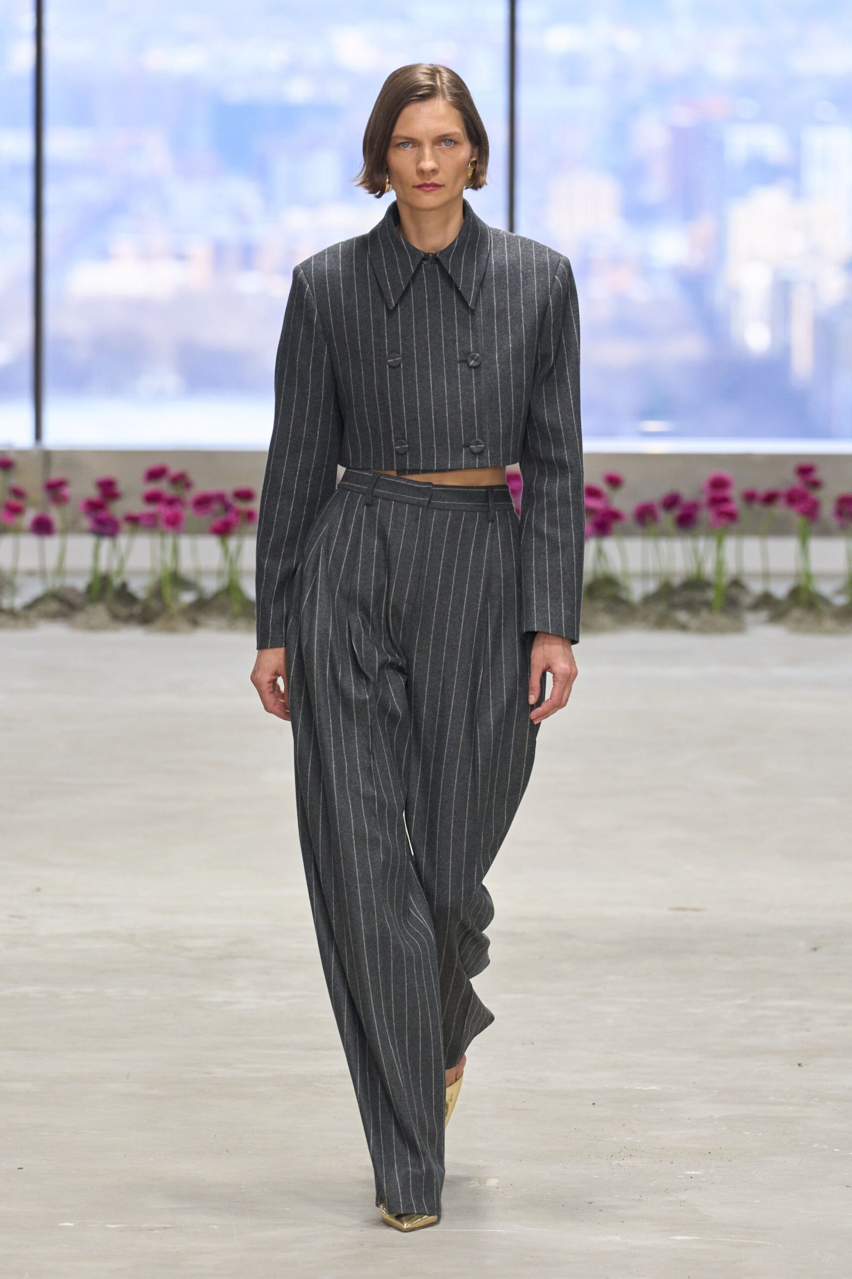 gray wool long-sleeve collared tailored striped buttoned suit