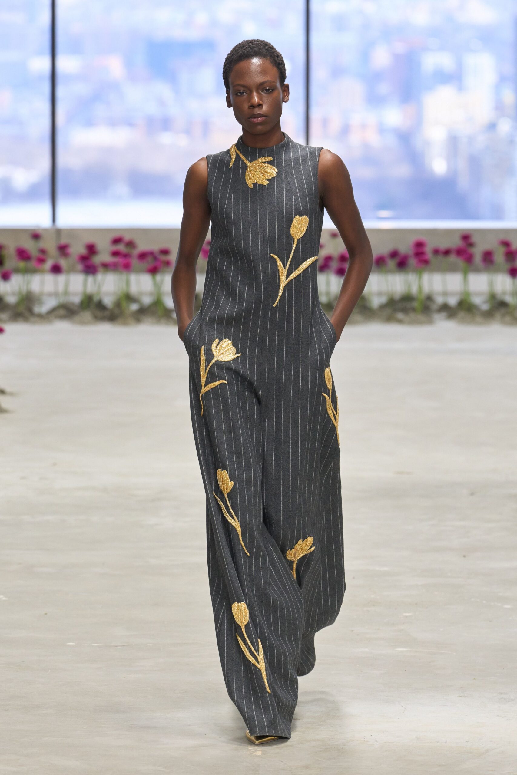gray striped sleeveless jumpsuit