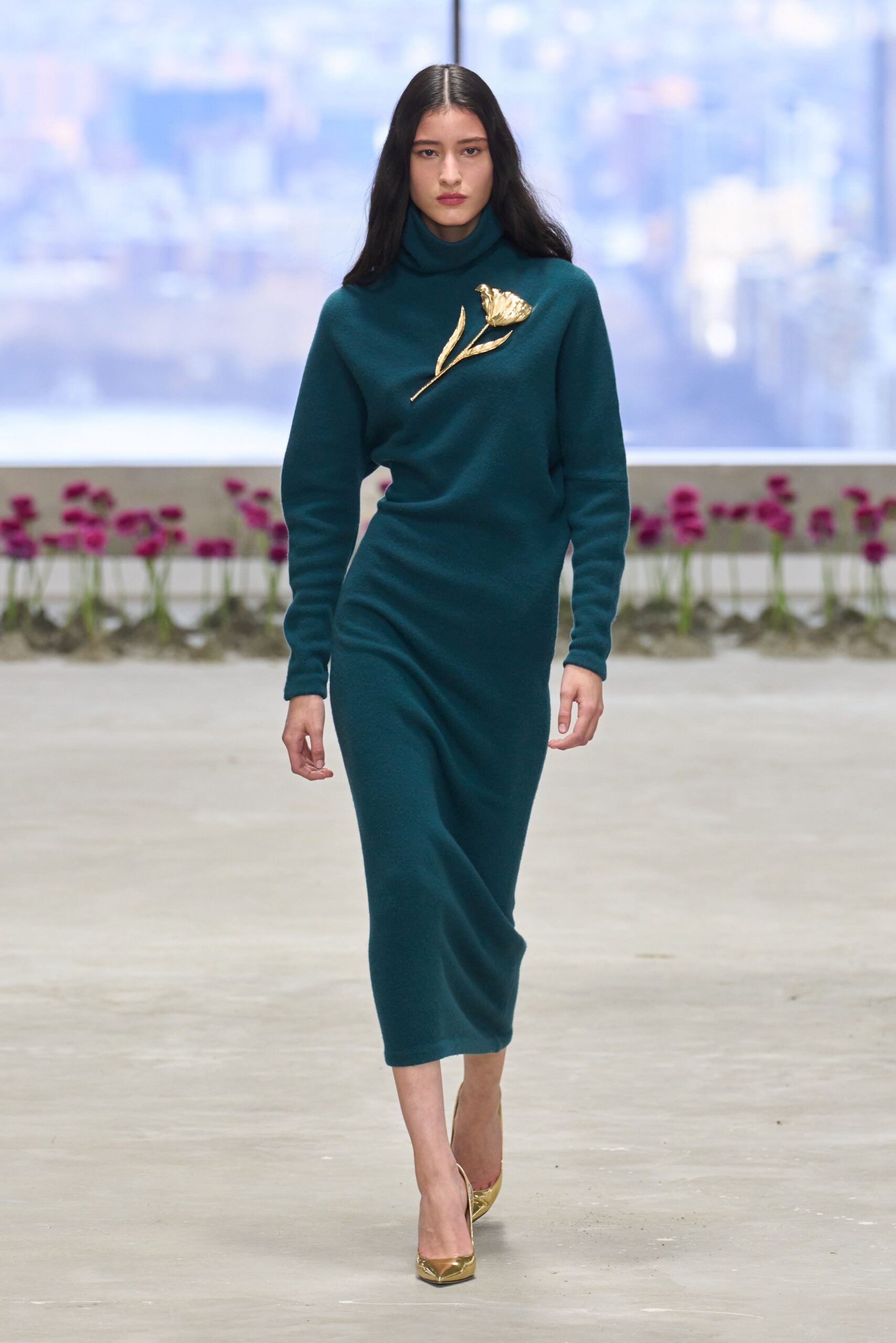 teal wool long-sleeve turtleneck fitted embellished midi dress