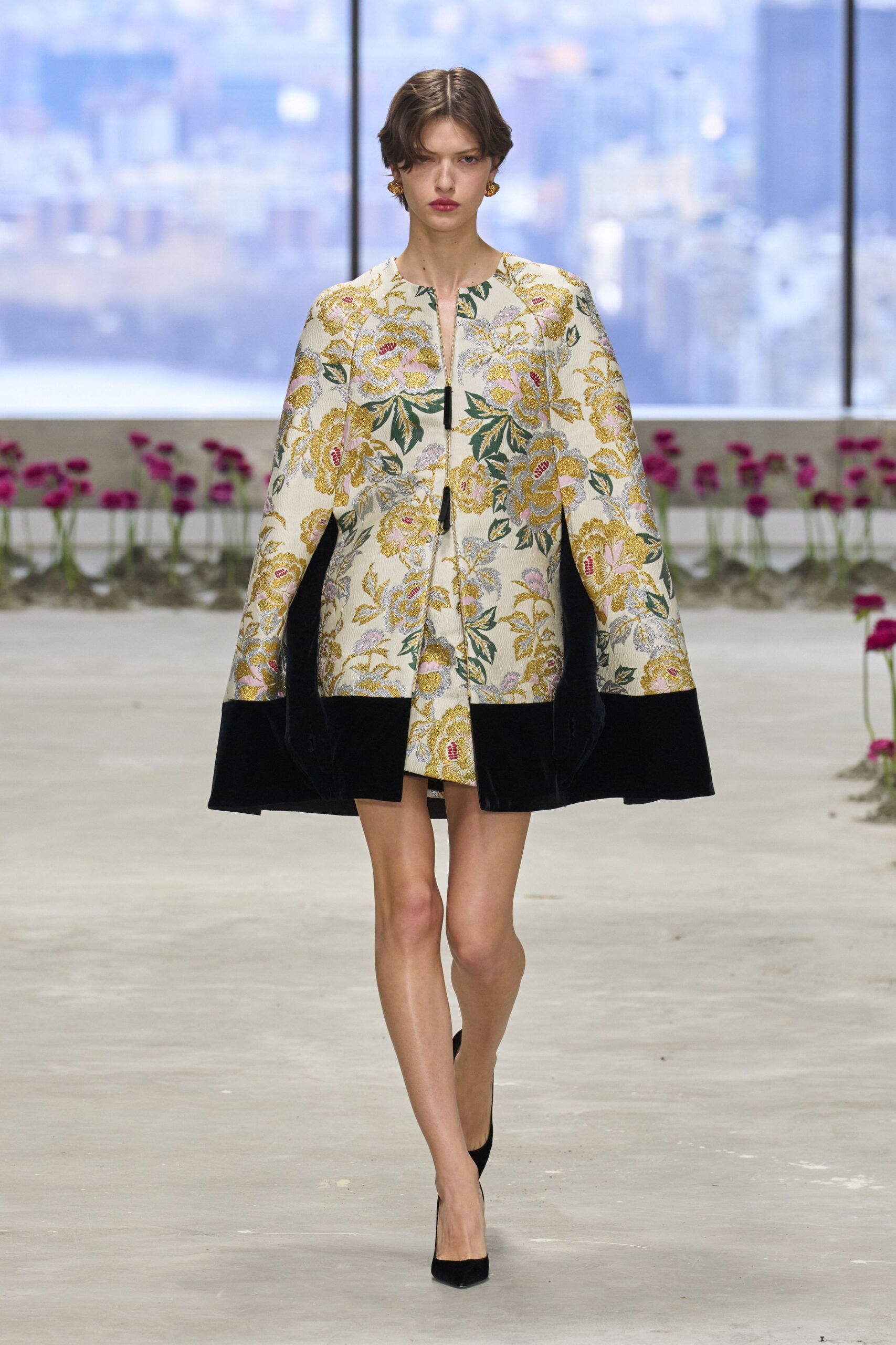 gold embroidered cape black mini dress