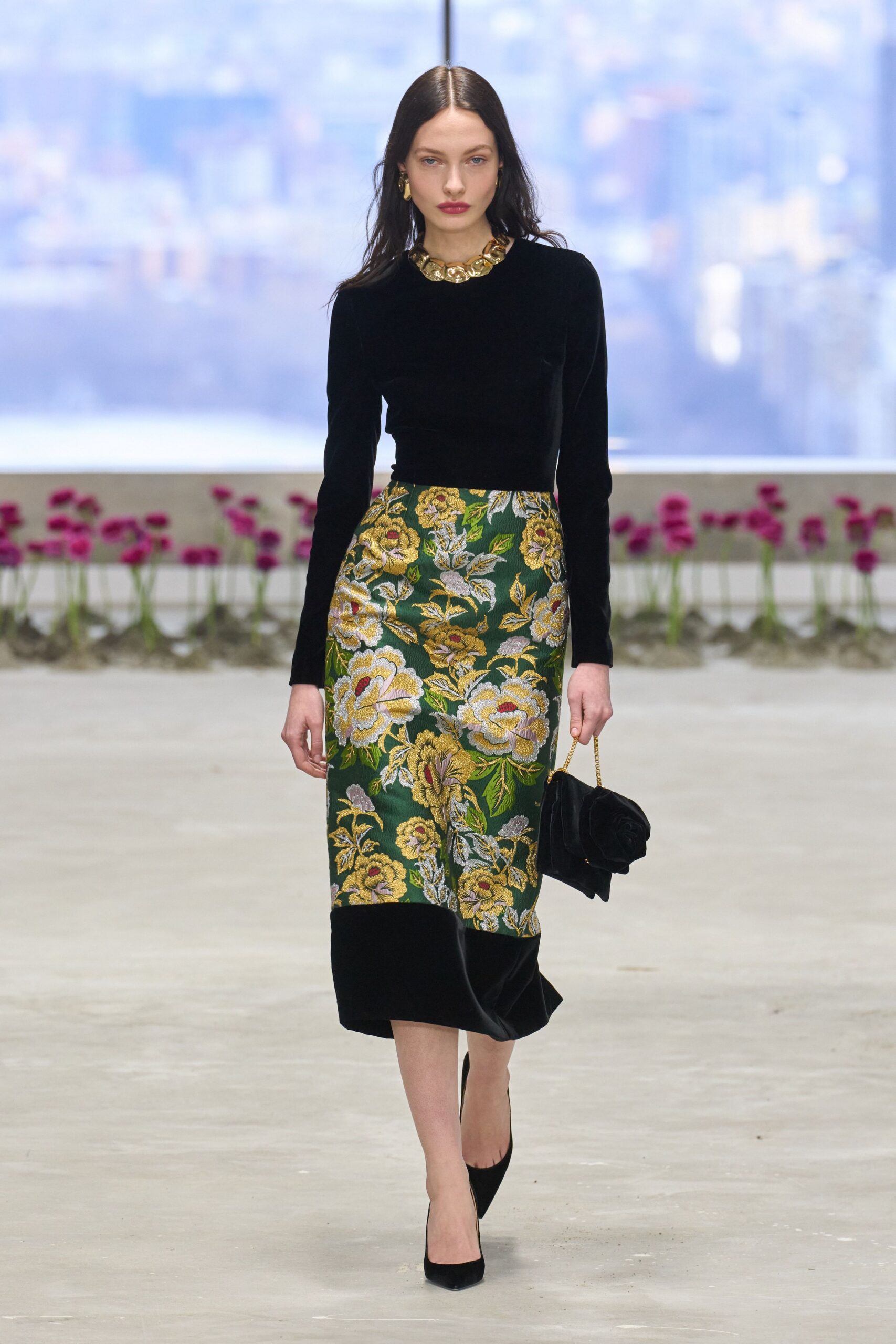 black velvet floral midi dress