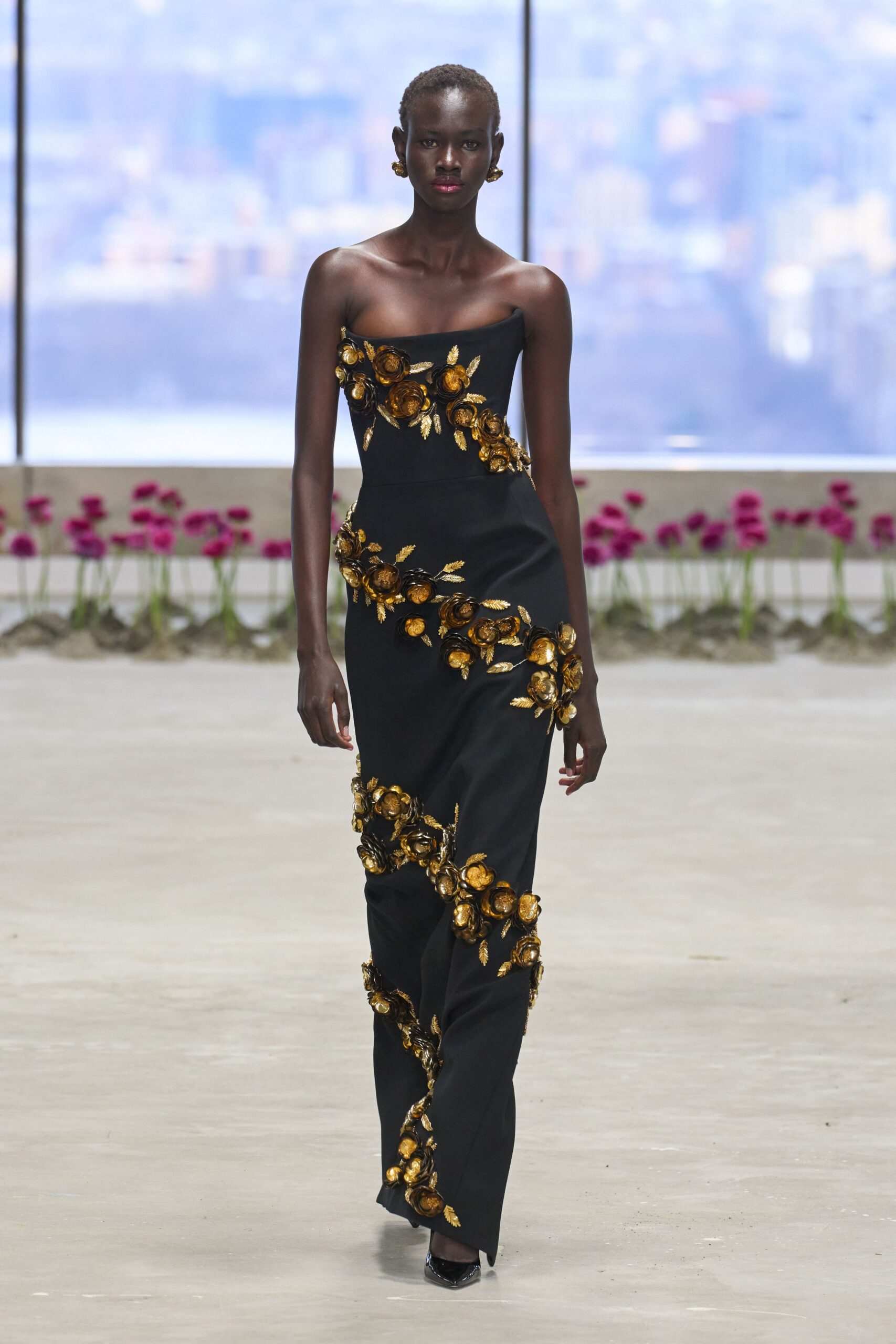 black silk strapless fitted embroidered maxi gown